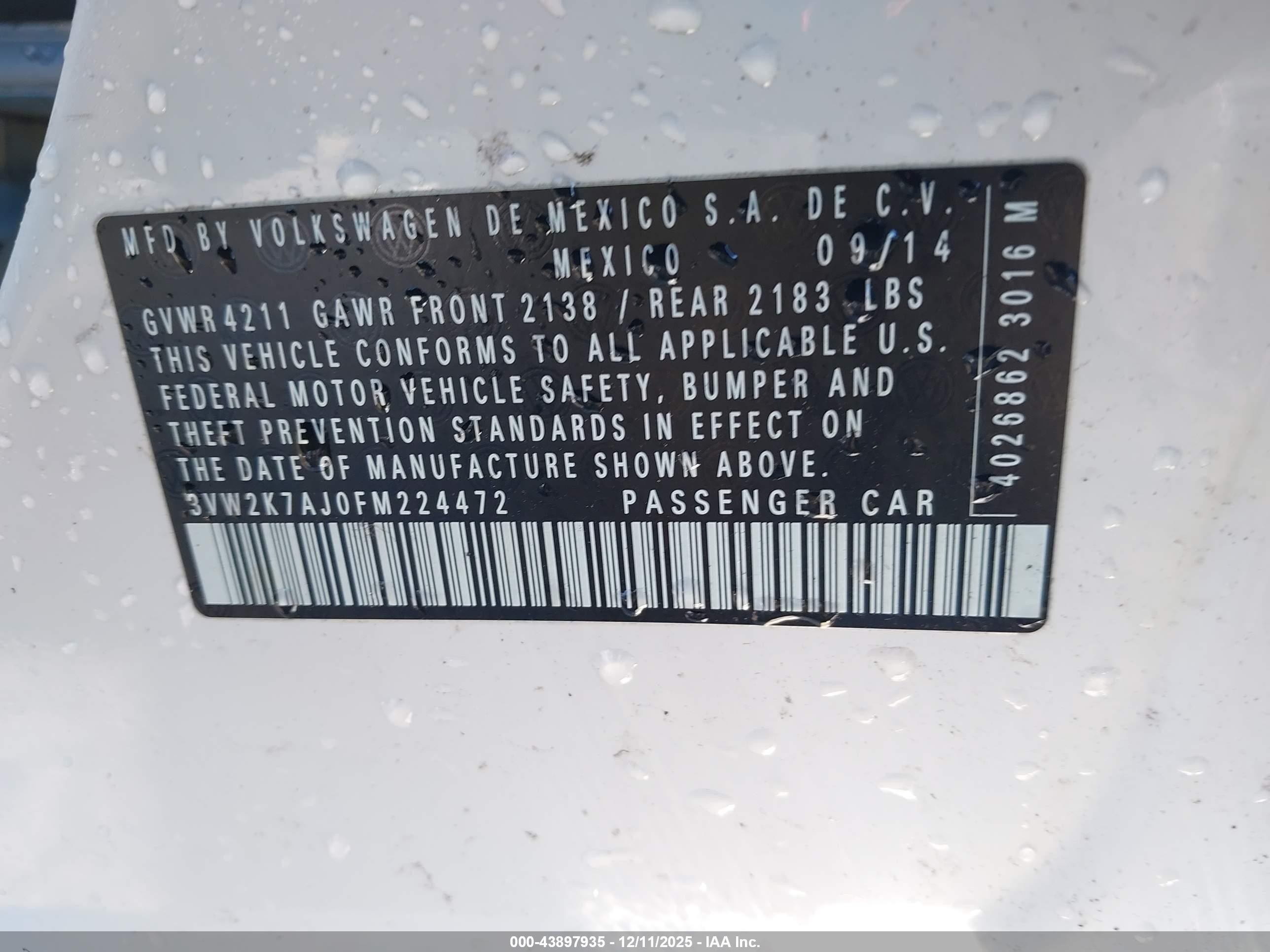 2015 Volkswagen Jetta 2.0l S White vin: 3VW2K7AJ0FM224472
