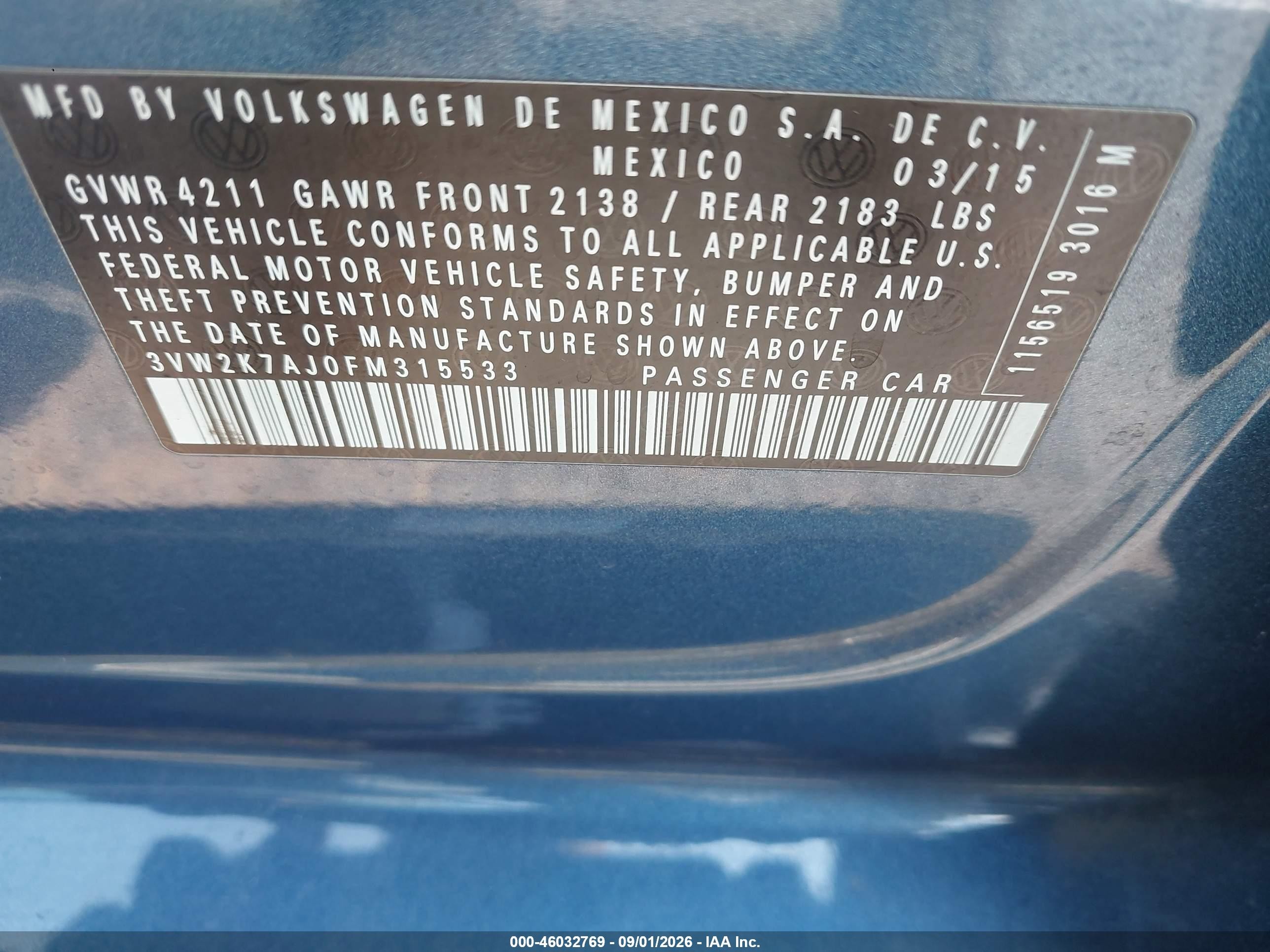 2015 Volkswagen Jetta 2.0l S Blue vin: 3VW2K7AJ0FM315533