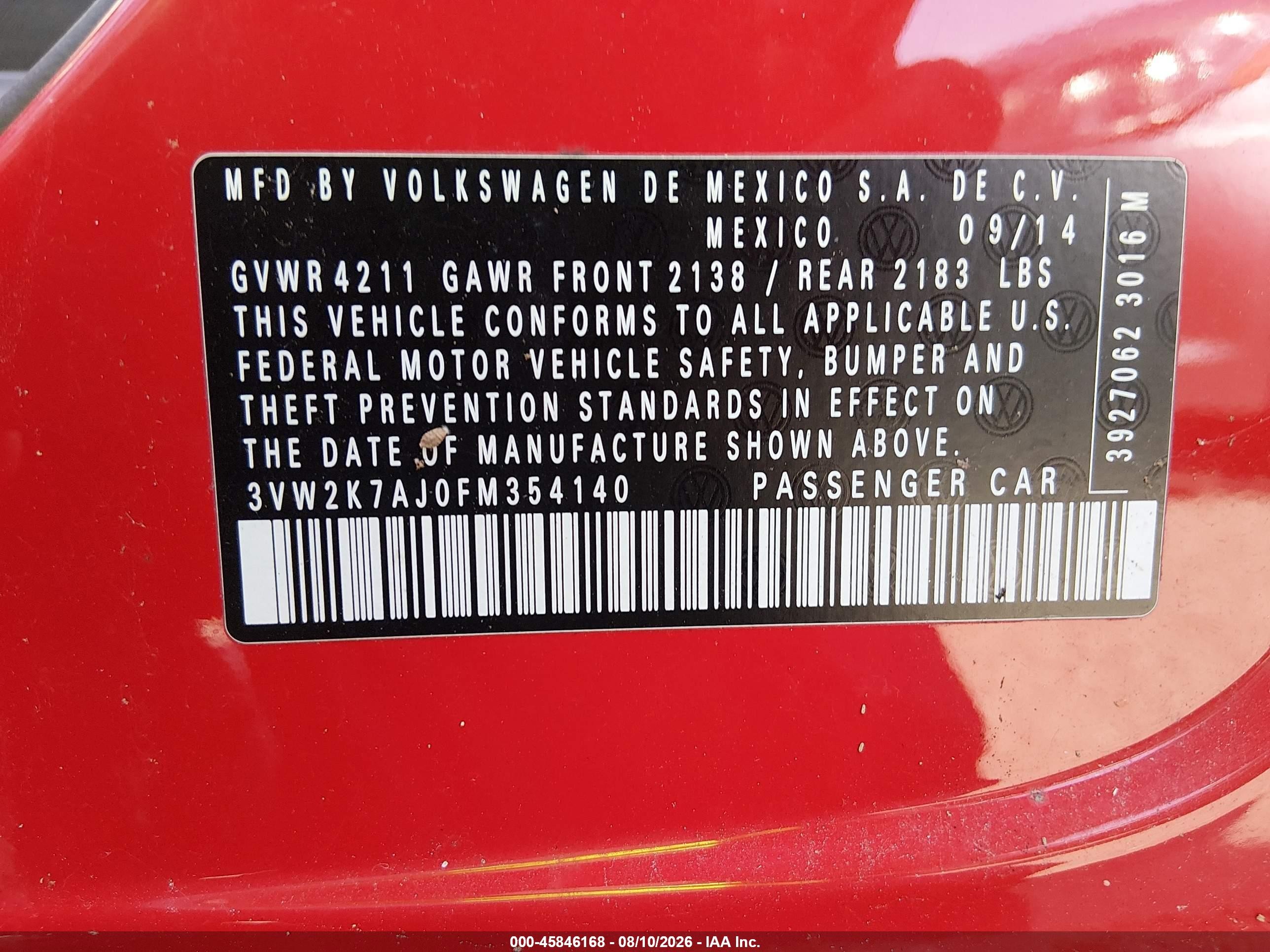 2015 Volkswagen Jetta 2.0l S Red vin: 3VW2K7AJ0FM354140