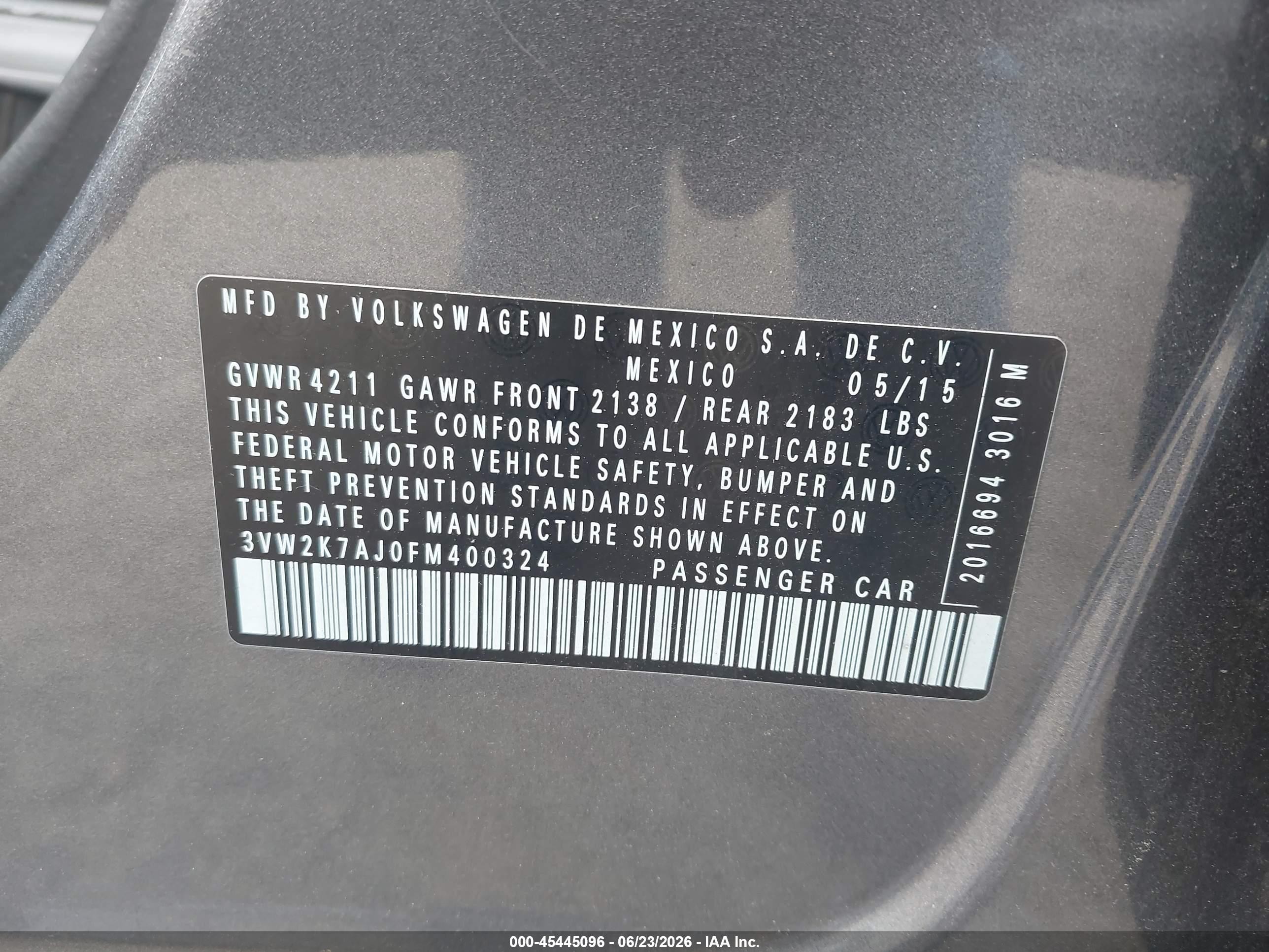 2015 Volkswagen Jetta 2.0l S Gray vin: 3VW2K7AJ0FM400324