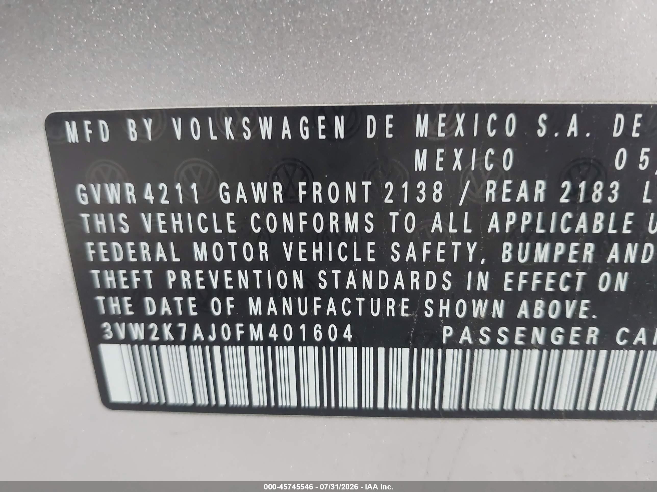 2015 Volkswagen Jetta 2.0l S Silver vin: 3VW2K7AJ0FM401604