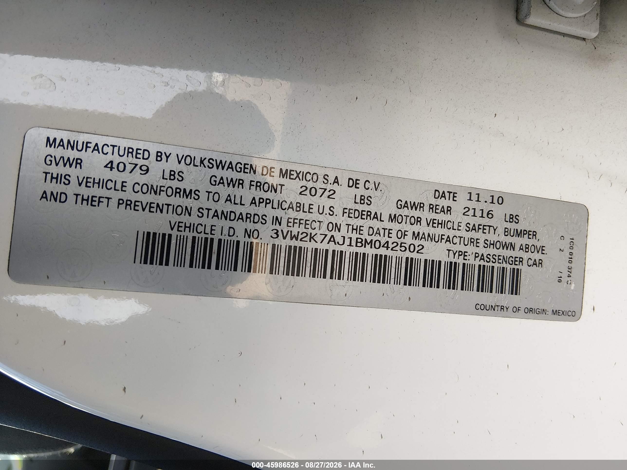 2011 Volkswagen Jetta 2.0l S White vin: 3VW2K7AJ1BM042502