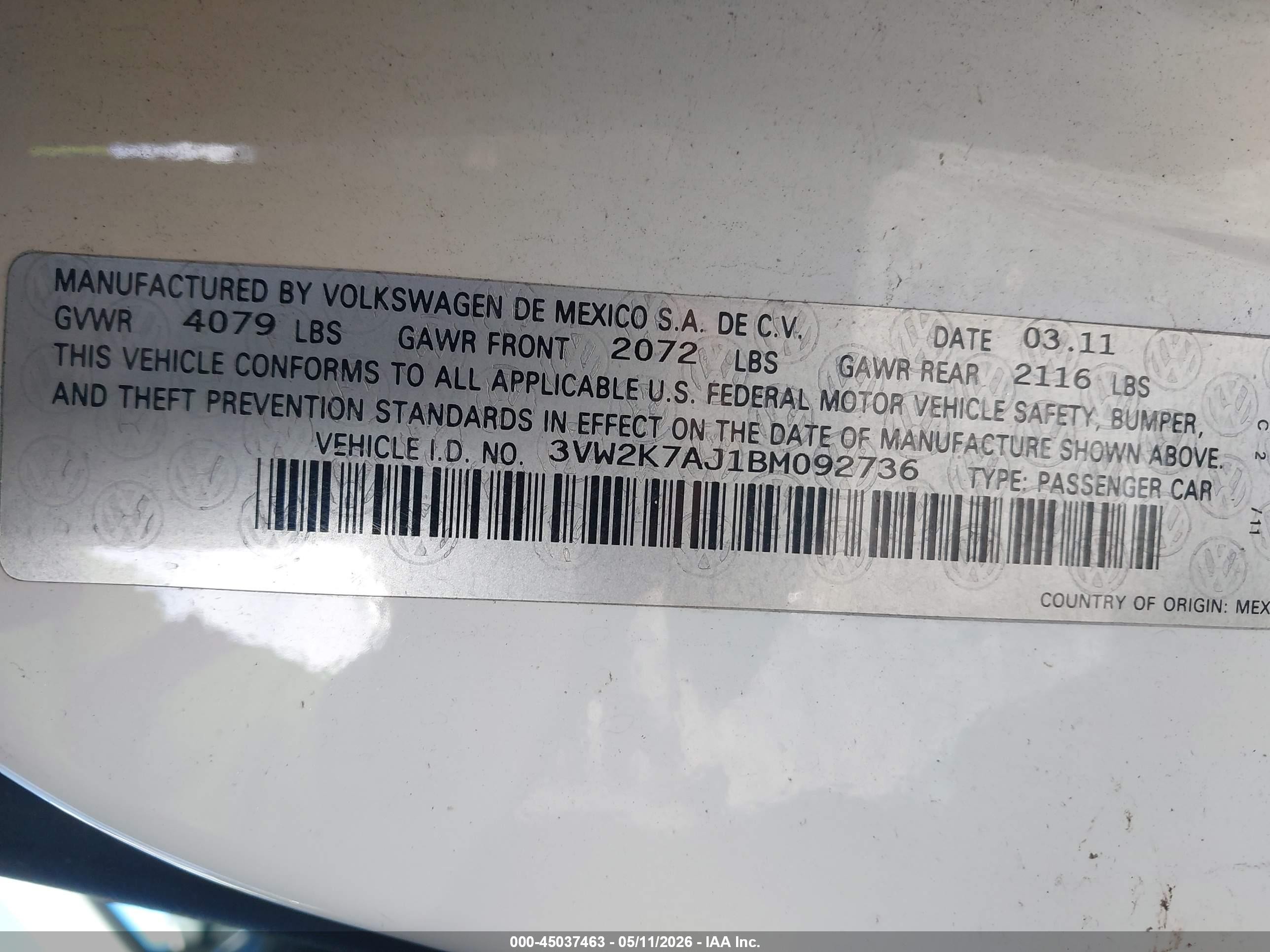 2011 Volkswagen Jetta 2.0l S White vin: 3VW2K7AJ1BM092736