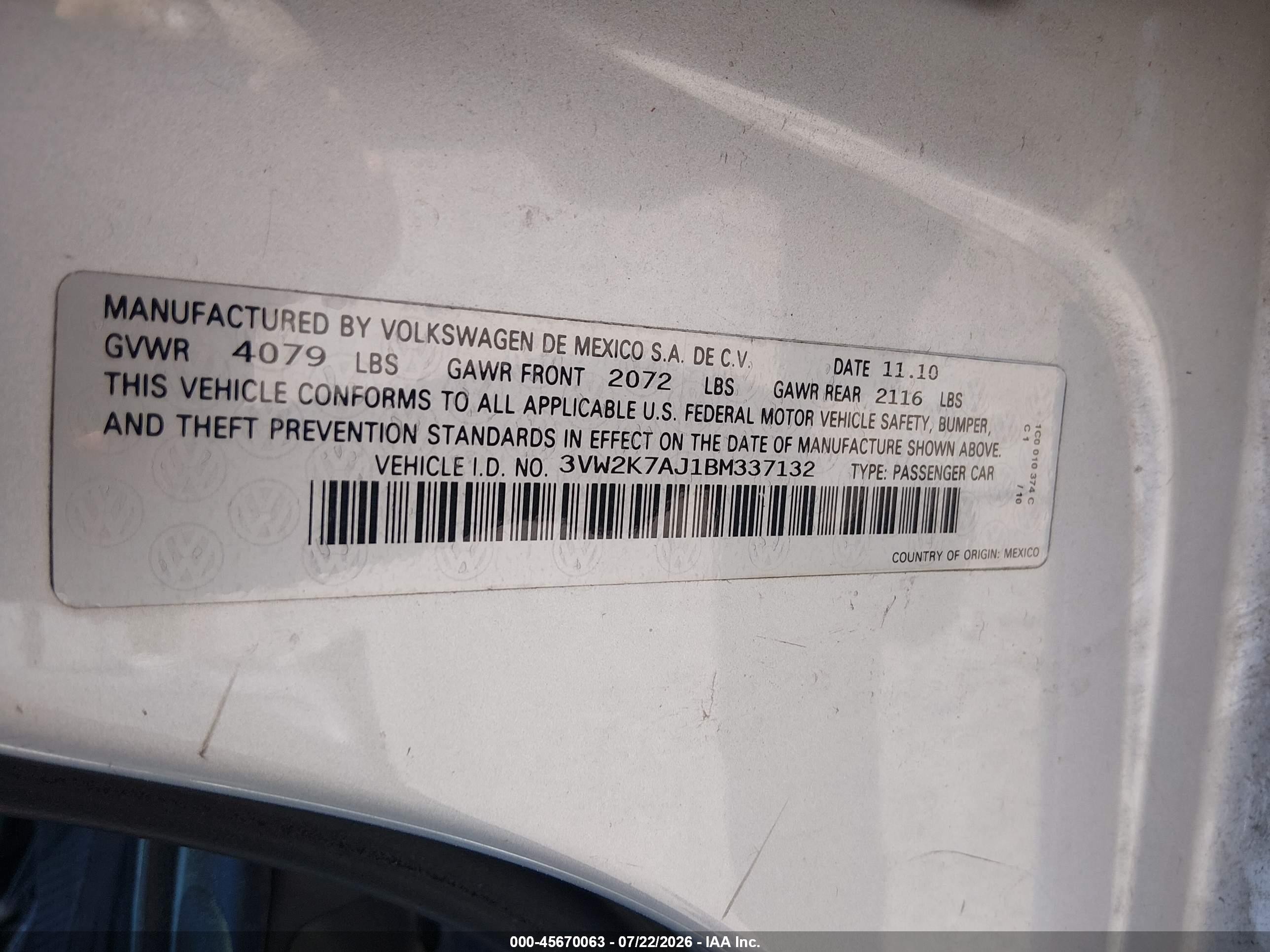 2011 Volkswagen Jetta 2.0l S Silver vin: 3VW2K7AJ1BM337132