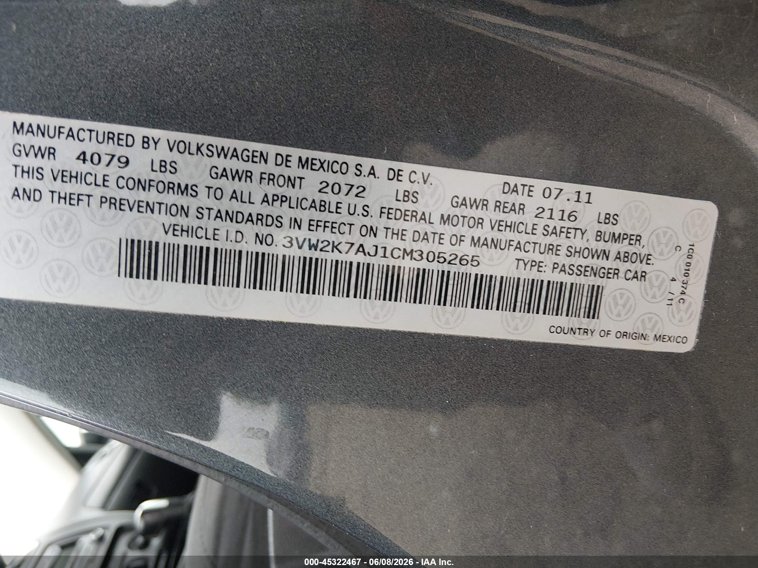 2012 Volkswagen Jetta 2.0l S Blue vin: 3VW2K7AJ1CM305265