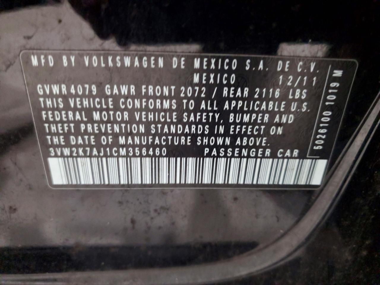 2012 Volkswagen Jetta Base Black vin: 3VW2K7AJ1CM356460