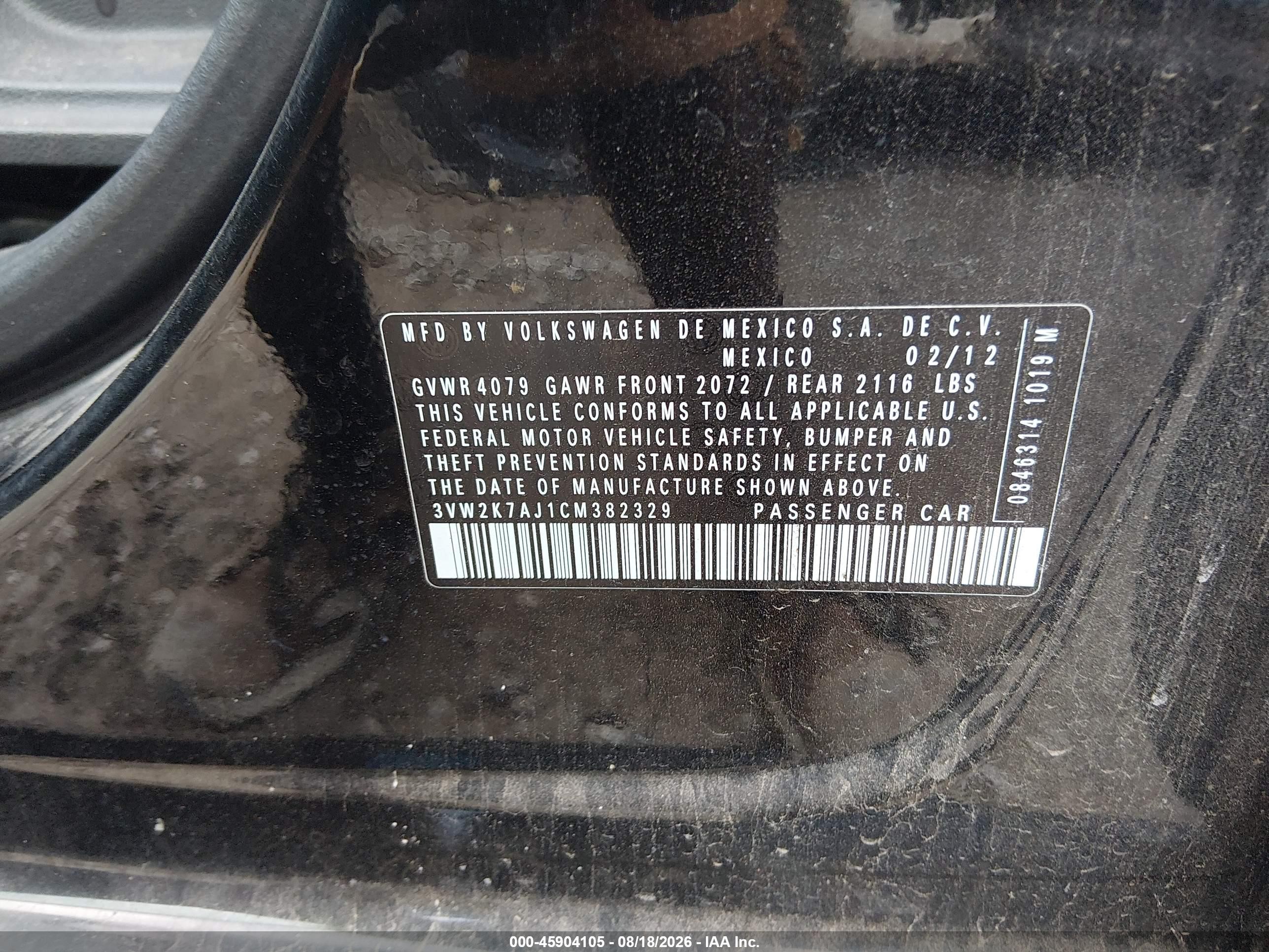 2012 Volkswagen Jetta 2.0l S Black vin: 3VW2K7AJ1CM382329