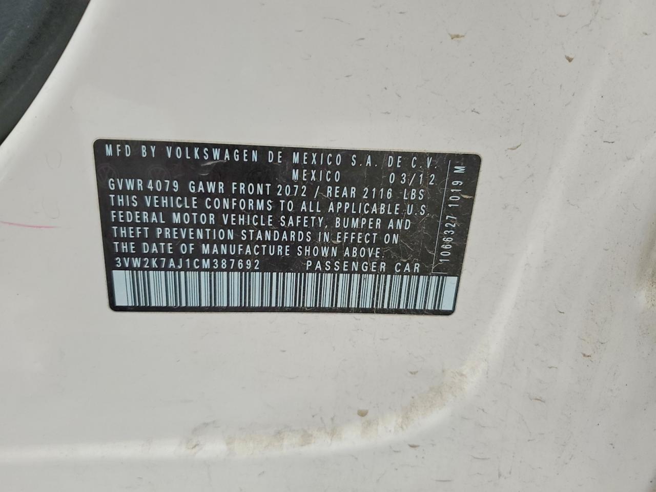2012 Volkswagen Jetta Base White vin: 3VW2K7AJ1CM387692