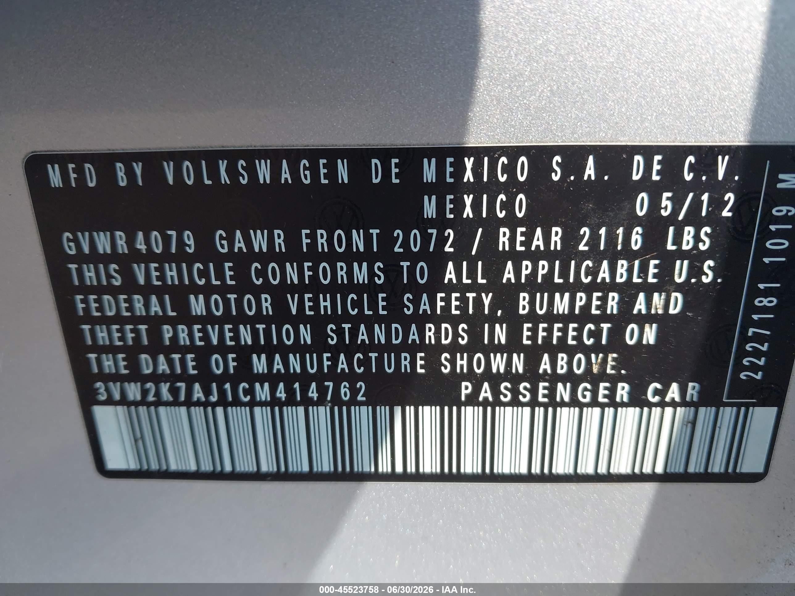 2012 Volkswagen Jetta 2.0l S Silver vin: 3VW2K7AJ1CM414762