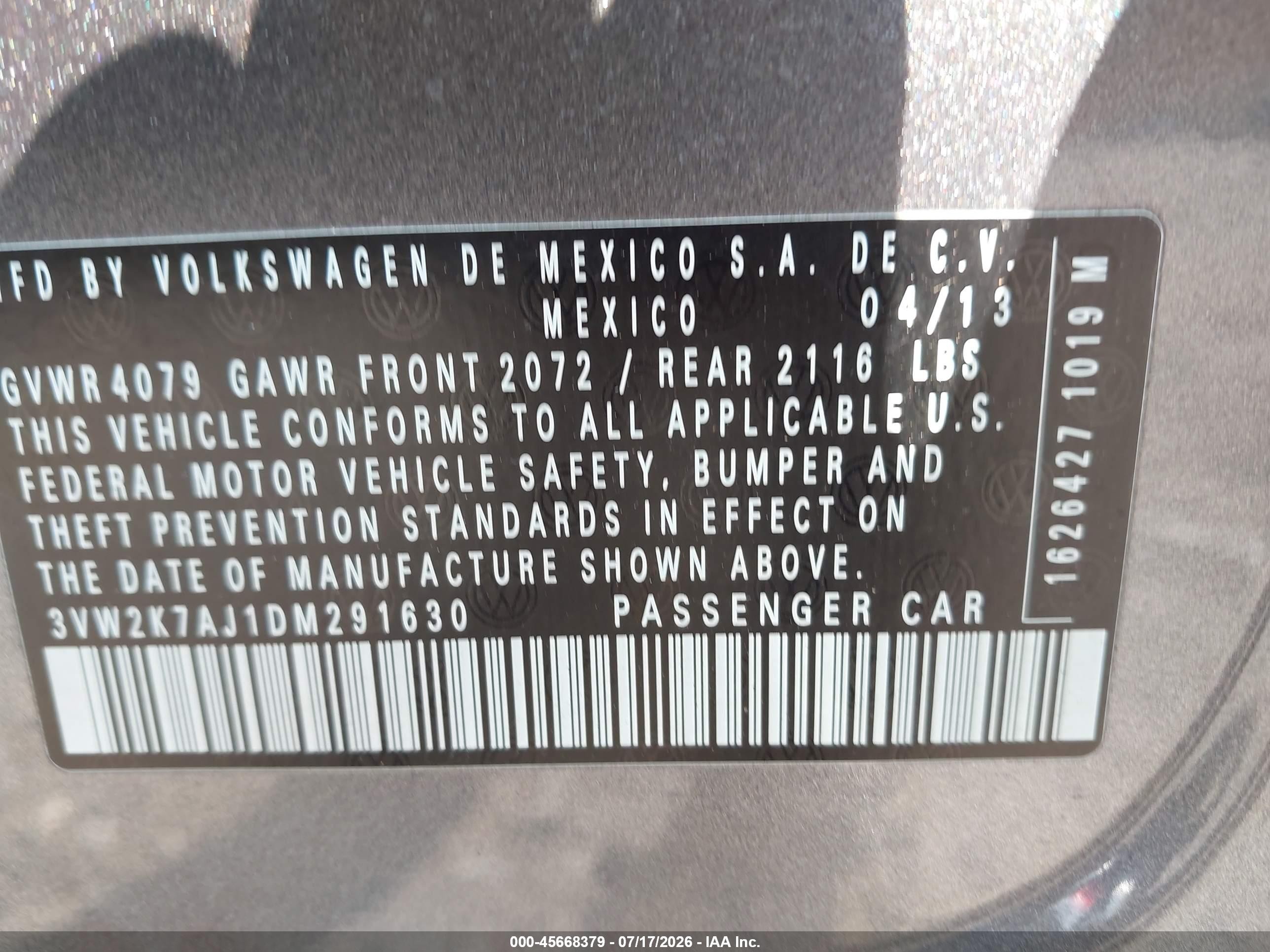 2013 Volkswagen Jetta 2.0l S Синий vin: 3VW2K7AJ1DM291630