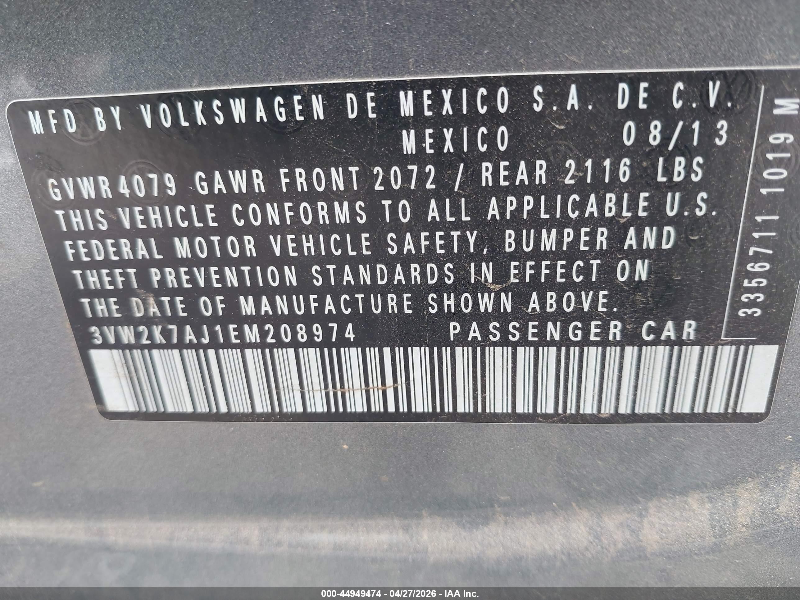 2014 Volkswagen Jetta 2.0l S Gray vin: 3VW2K7AJ1EM208974