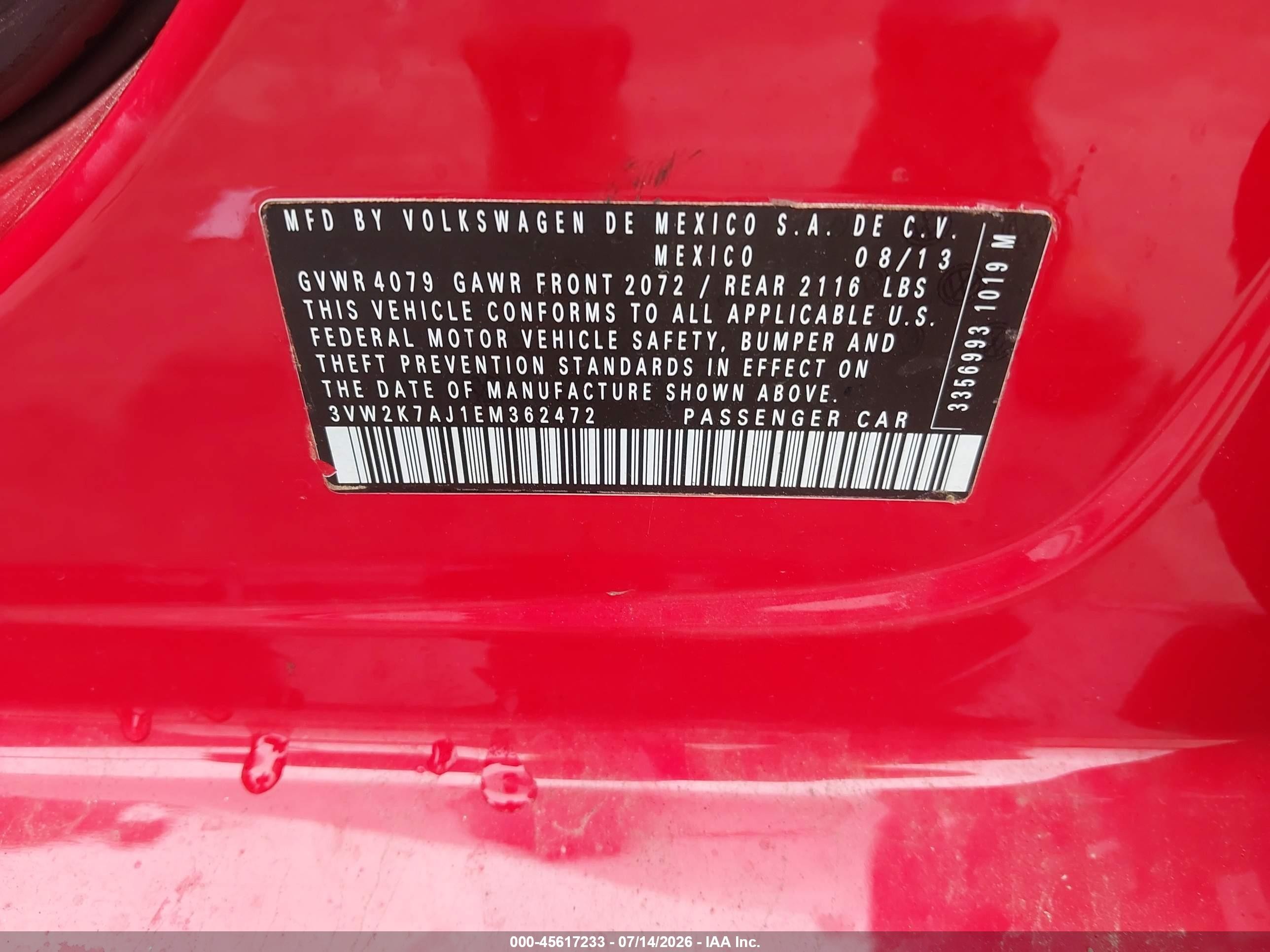 2014 Volkswagen Jetta 2.0l S Red vin: 3VW2K7AJ1EM362472
