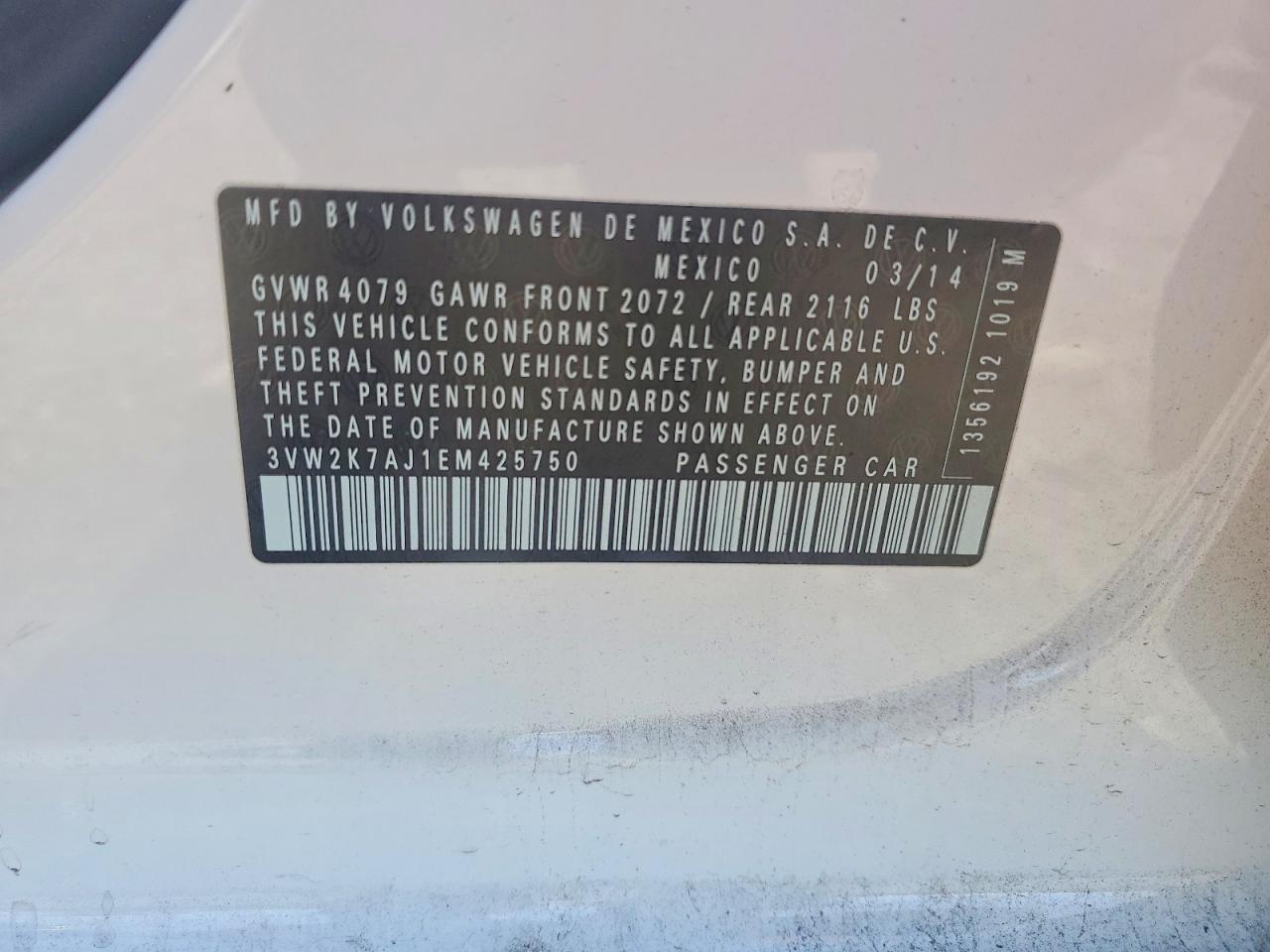 2014 Volkswagen Jetta Base Белый vin: 3VW2K7AJ1EM425750