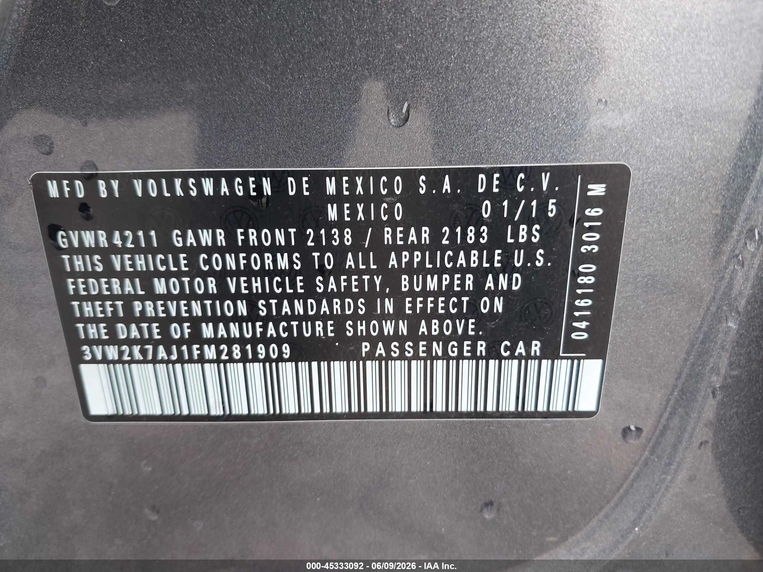 2015 Volkswagen Jetta 2.0l S Gray vin: 3VW2K7AJ1FM281909