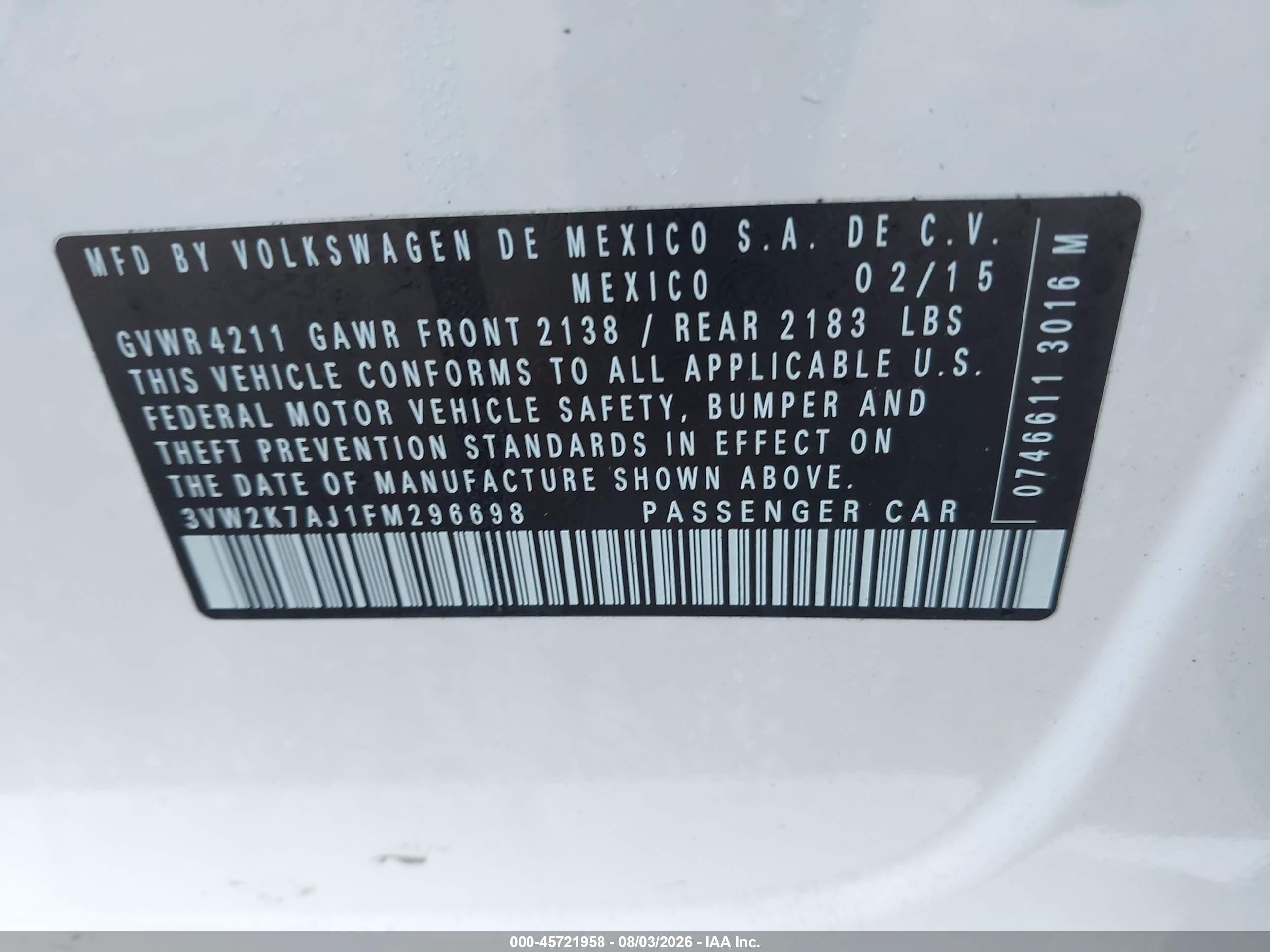 2015 Volkswagen Jetta 2.0l S White vin: 3VW2K7AJ1FM296698