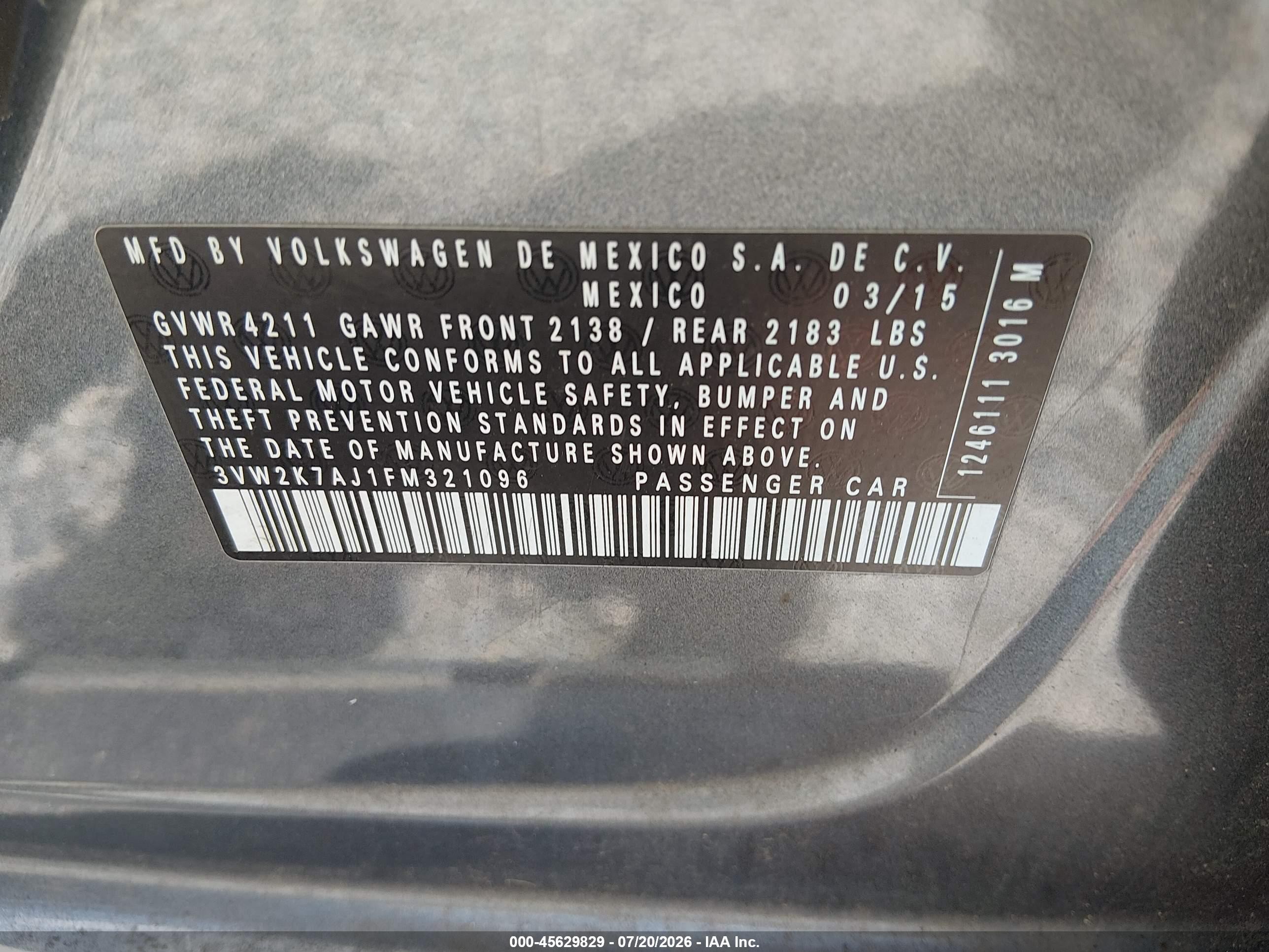 2015 Volkswagen Jetta 2.0l S Gray vin: 3VW2K7AJ1FM321096