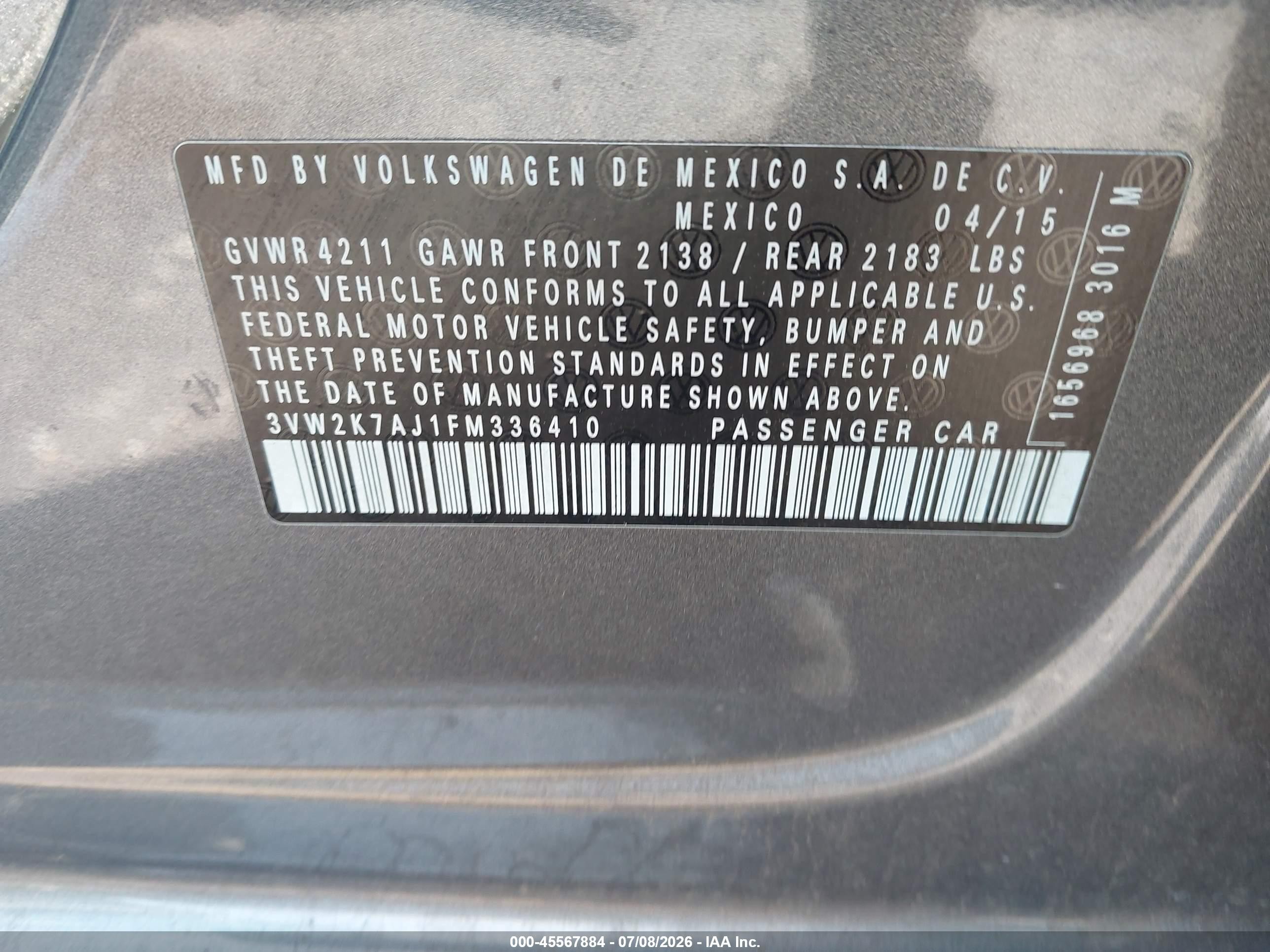 2015 Volkswagen Jetta 2.0l S Gray vin: 3VW2K7AJ1FM336410