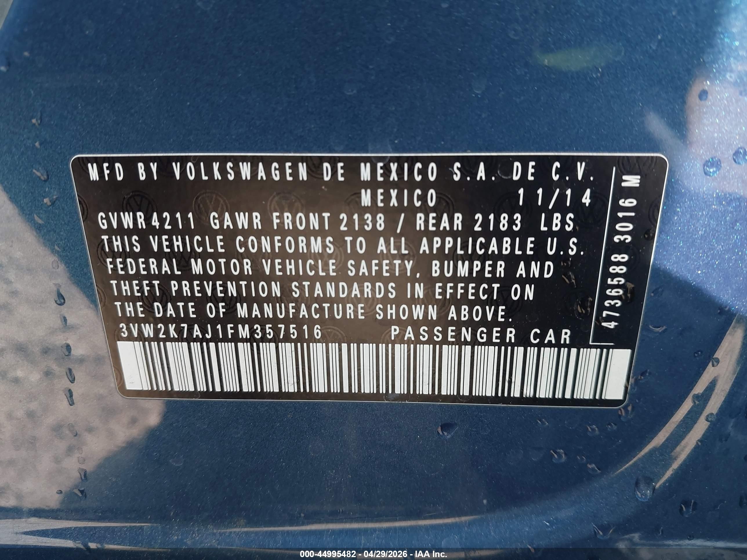 2015 Volkswagen Jetta 2.0l S Синий vin: 3VW2K7AJ1FM357516