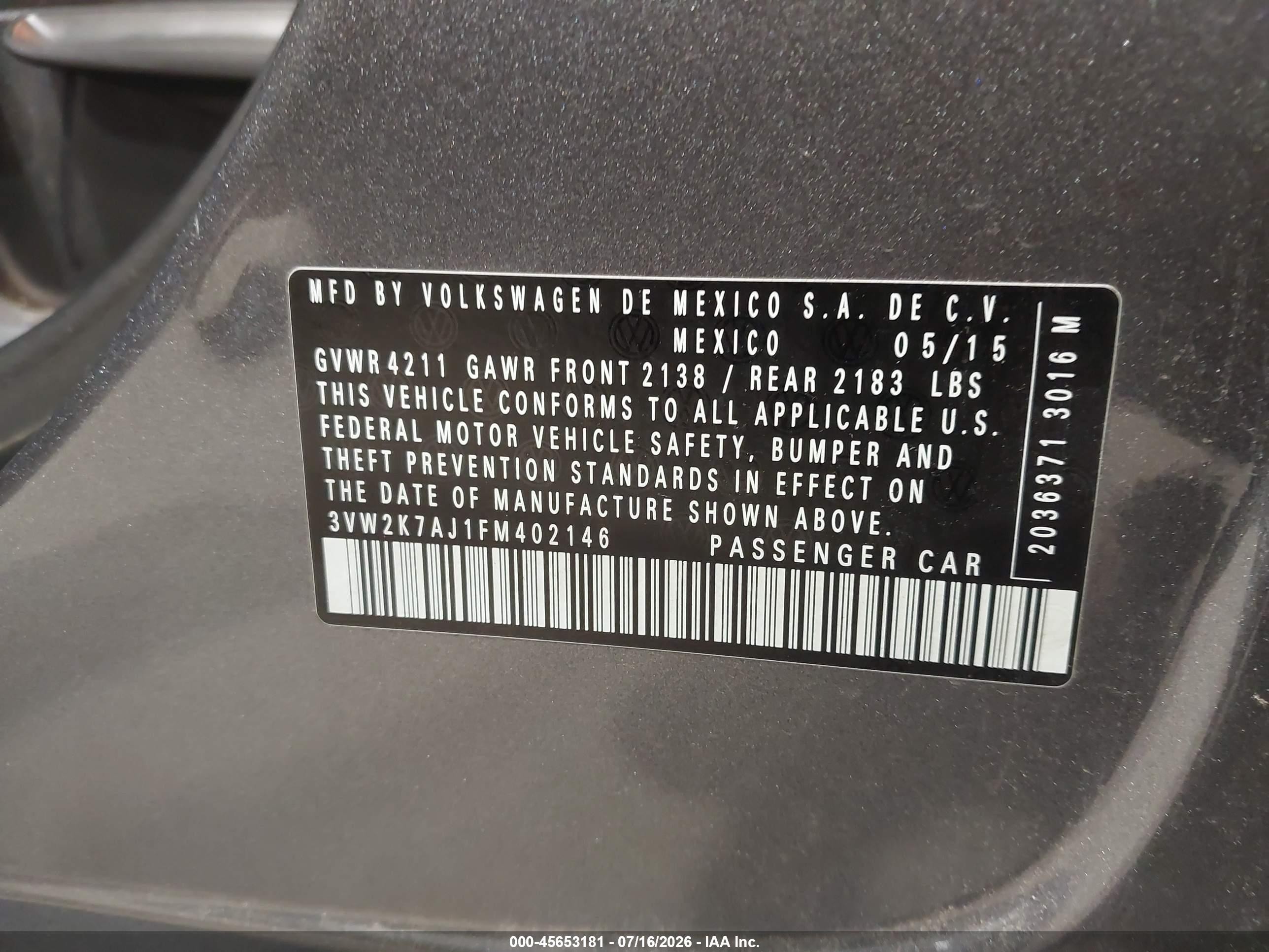 2015 Volkswagen Jetta 2.0l S Gray vin: 3VW2K7AJ1FM402146