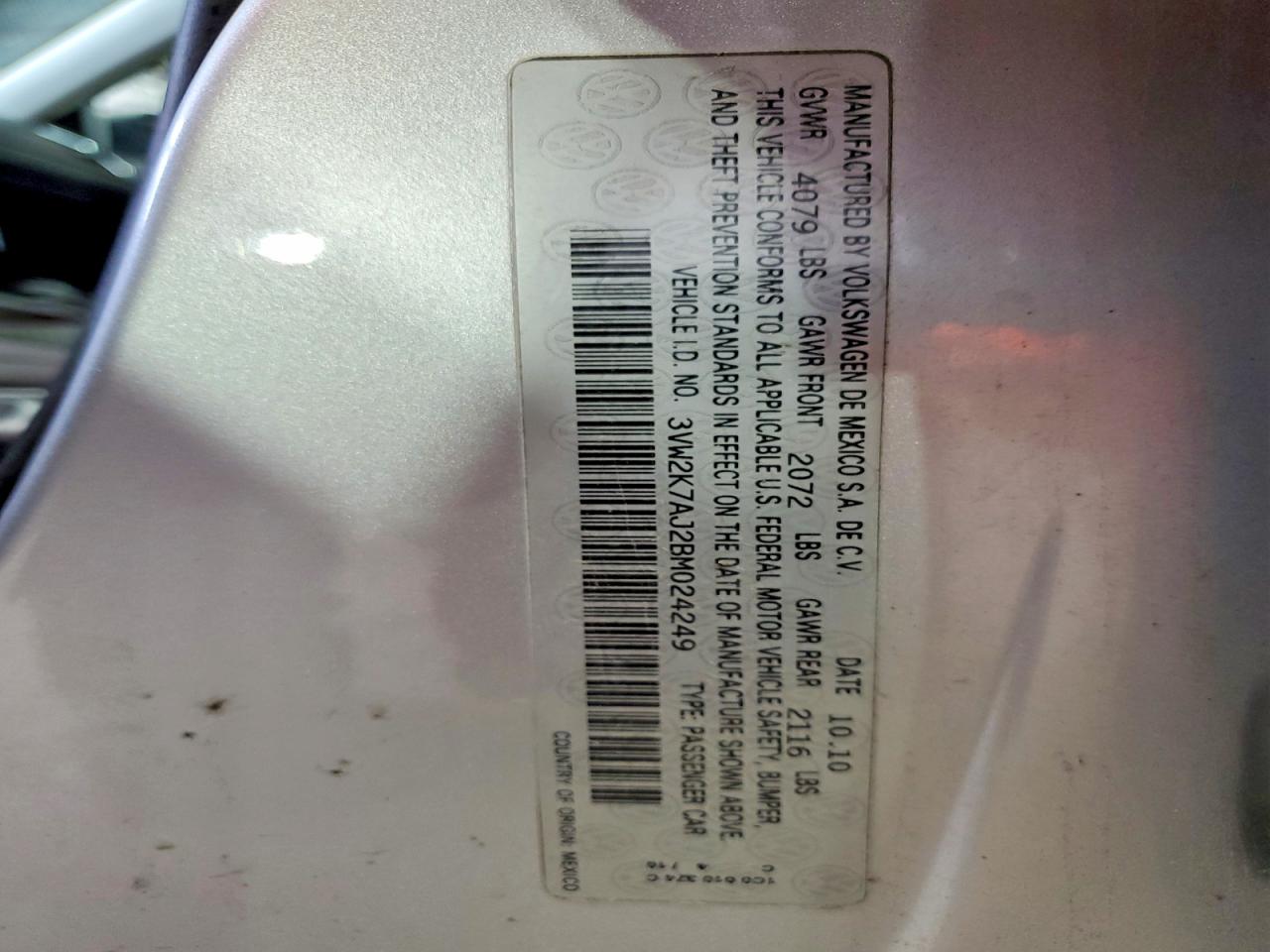 2011 Volkswagen Jetta Base Silver vin: 3VW2K7AJ2BM024249