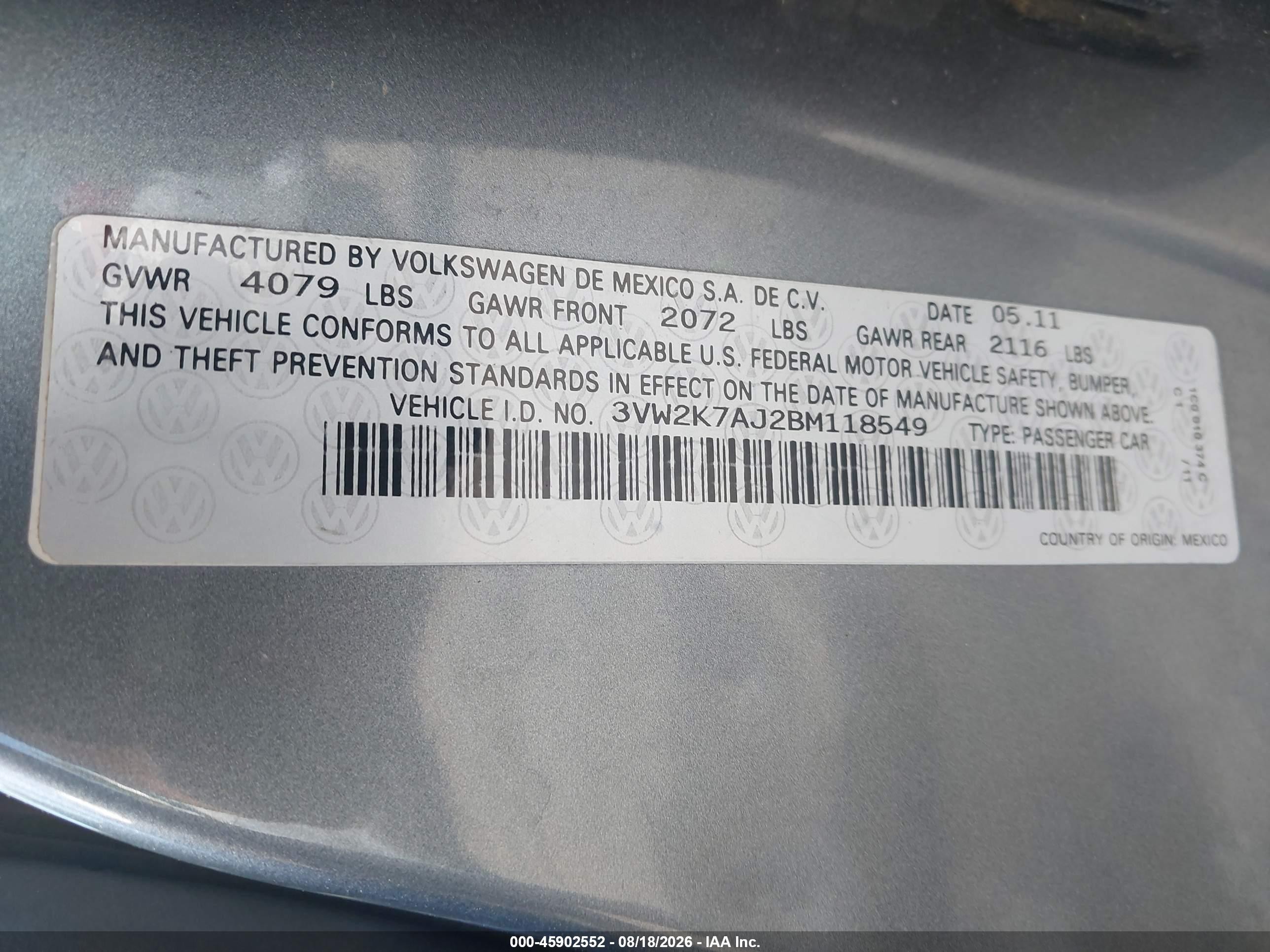 2011 Volkswagen Jetta 2.0l S Gray vin: 3VW2K7AJ2BM118549