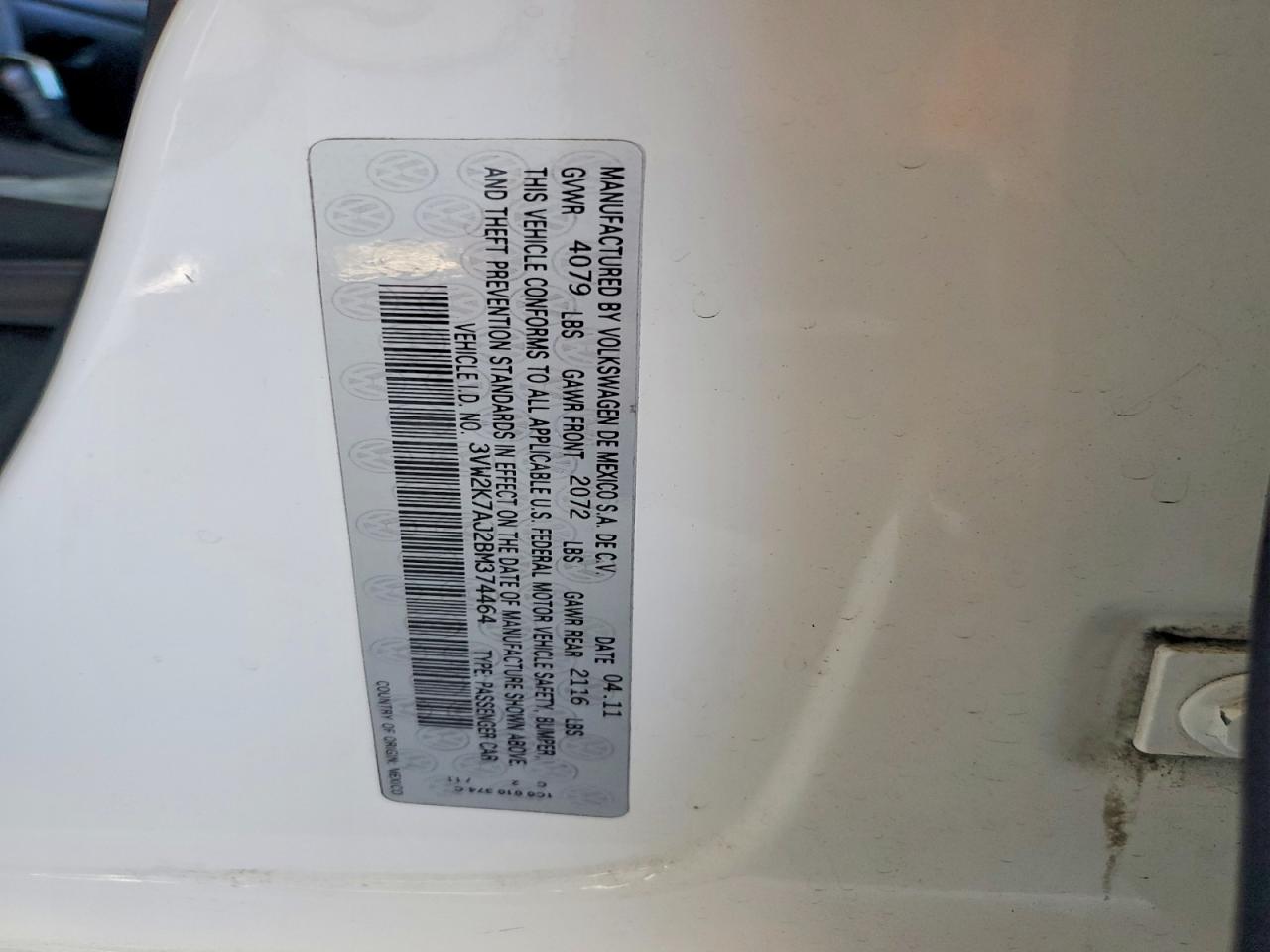2011 Volkswagen Jetta Base White vin: 3VW2K7AJ2BM374464