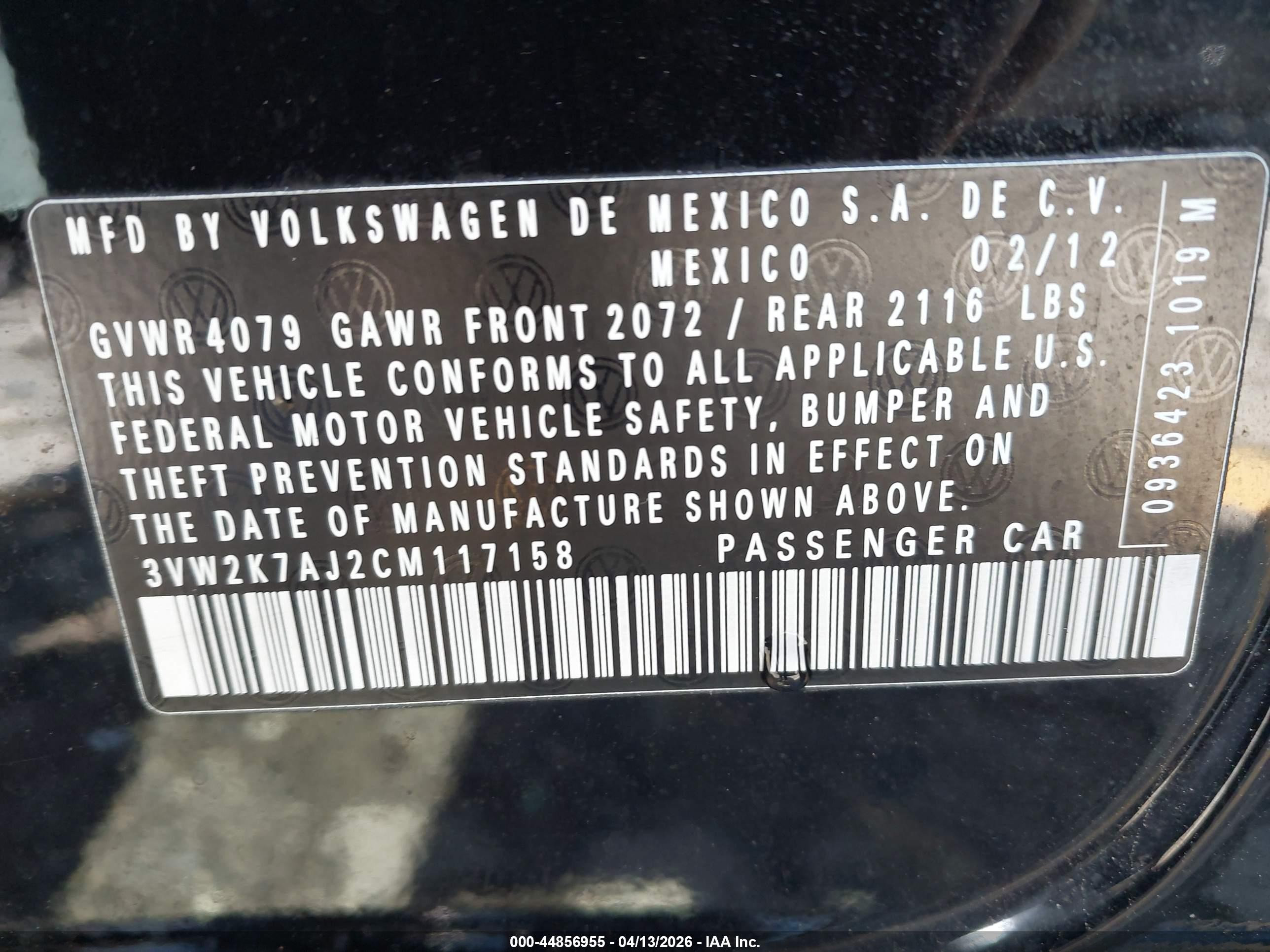 2012 Volkswagen Jetta 2.0l S Black vin: 3VW2K7AJ2CM117158