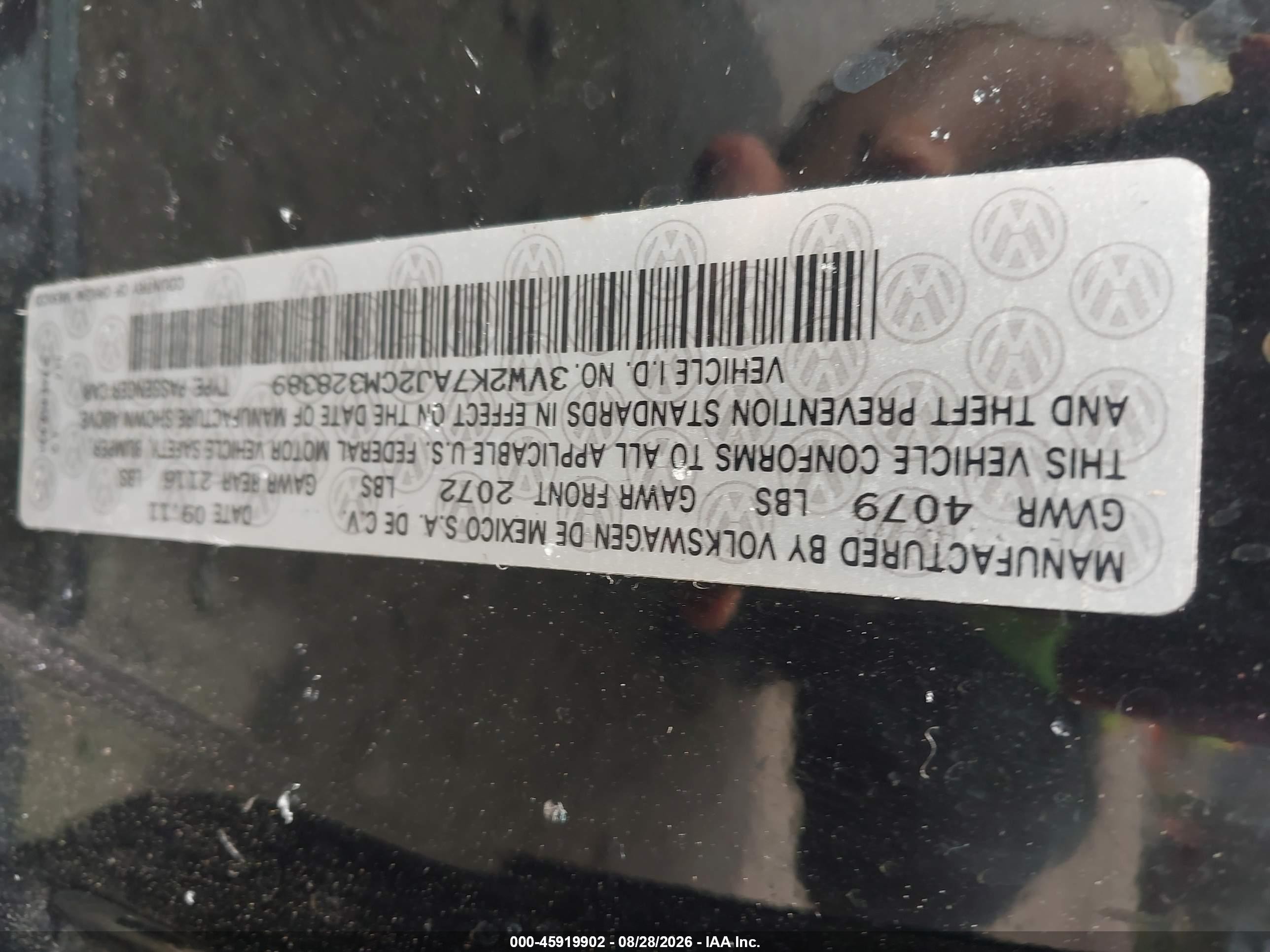 2012 Volkswagen Jetta 2.0l S Black vin: 3VW2K7AJ2CM328389