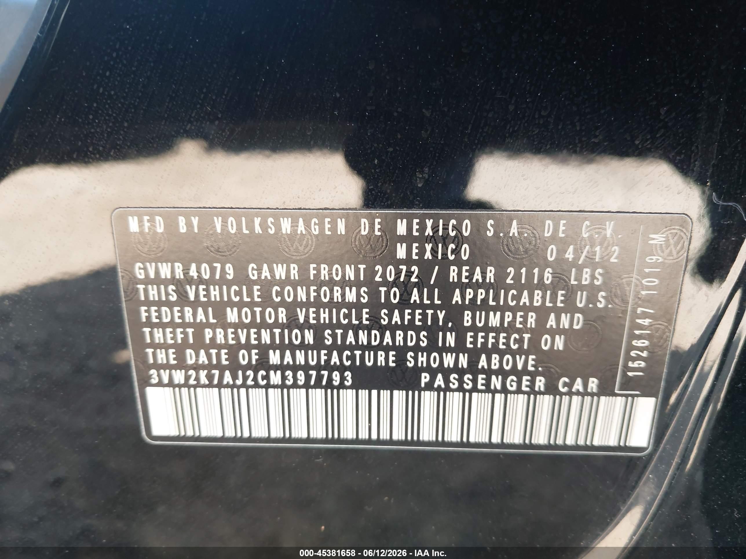 2012 Volkswagen Jetta 2.0l S Black vin: 3VW2K7AJ2CM397793