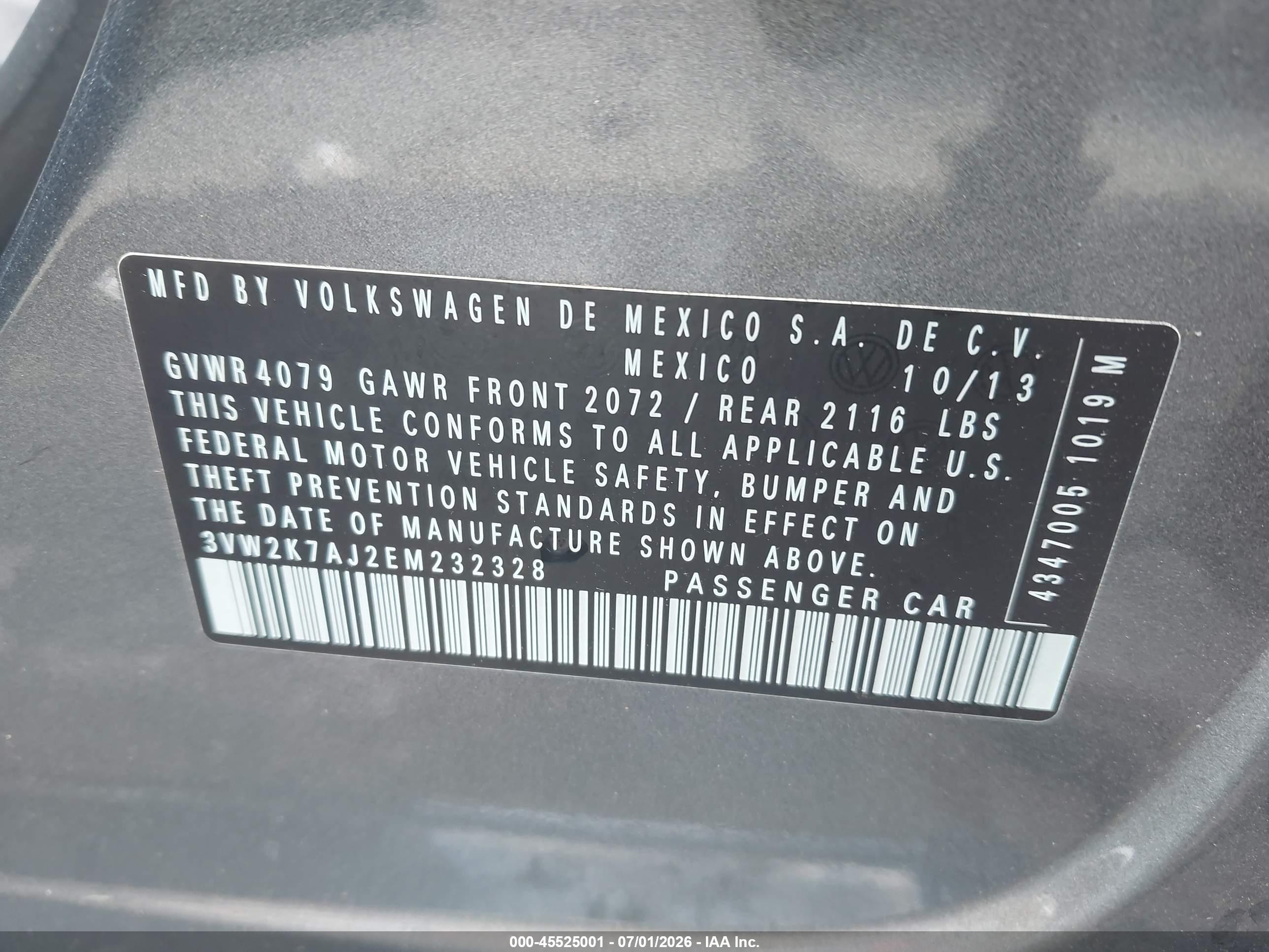 2014 Volkswagen Jetta 2.0l S Gray vin: 3VW2K7AJ2EM232328