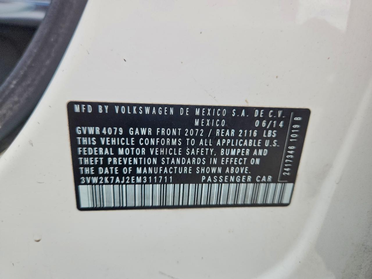 2014 Volkswagen Jetta Base White vin: 3VW2K7AJ2EM311711