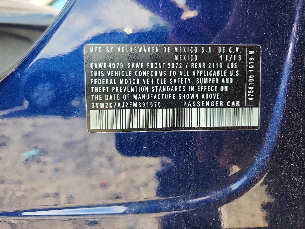 2014 Volkswagen Jetta Base Blue vin: 3VW2K7AJ2EM391575