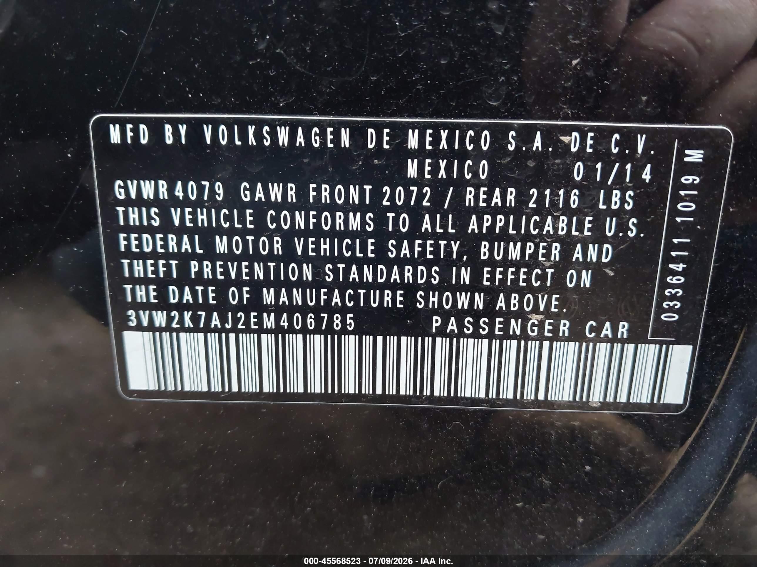 2014 Volkswagen Jetta 2.0l S Black vin: 3VW2K7AJ2EM406785