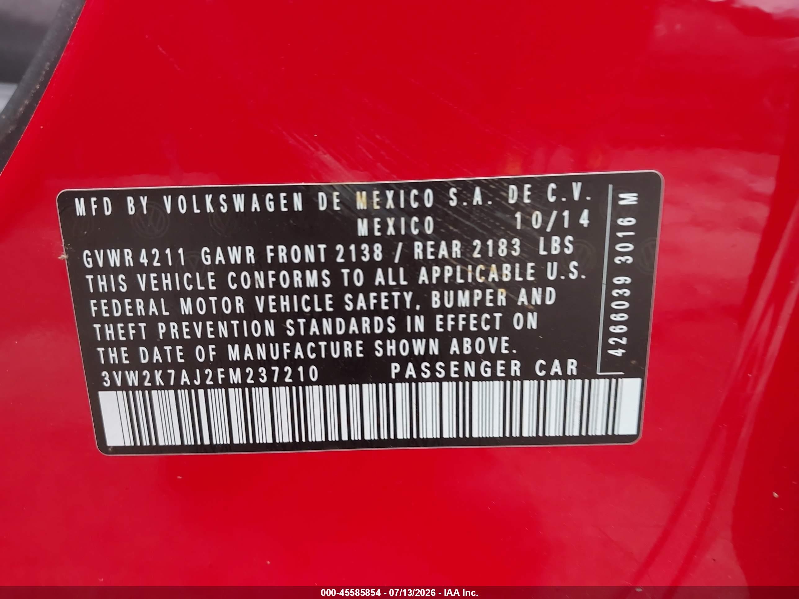 2015 Volkswagen Jetta 2.0l S Red vin: 3VW2K7AJ2FM237210