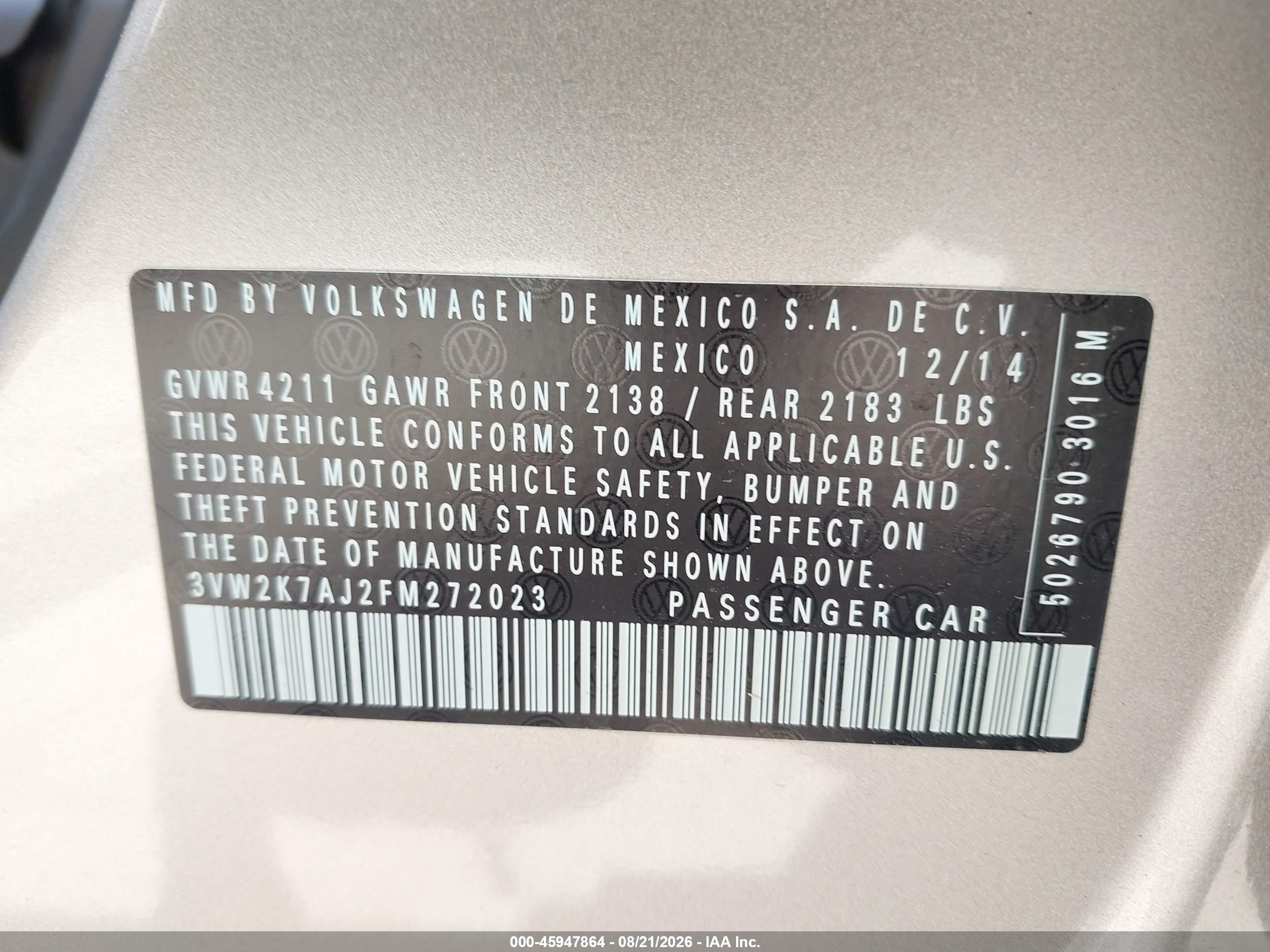 2015 Volkswagen Jetta 2.0l S Champagne vin: 3VW2K7AJ2FM272023