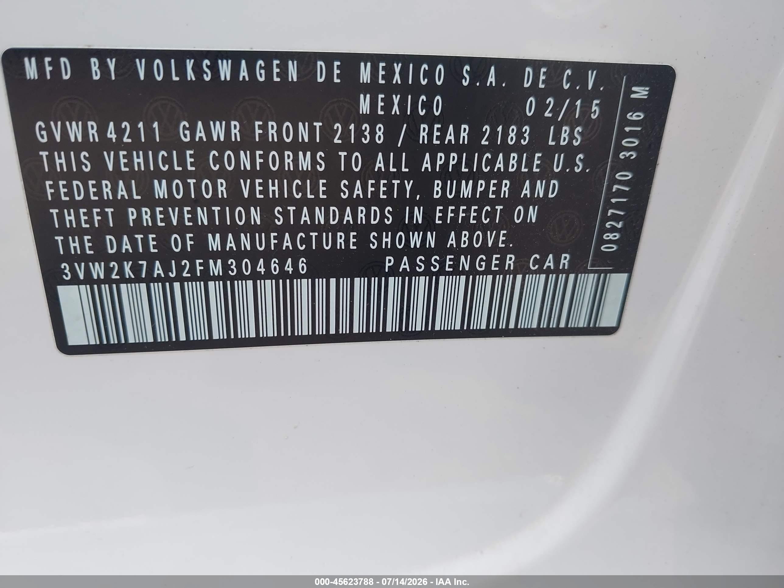 2015 Volkswagen Jetta 2.0l S White vin: 3VW2K7AJ2FM304646