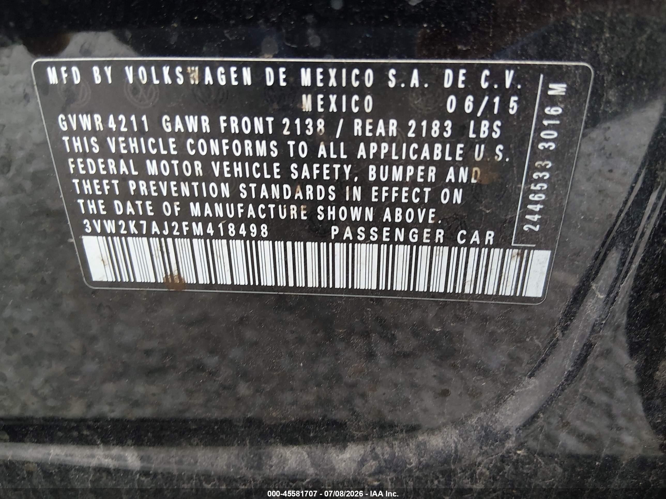 2015 Volkswagen Jetta 2.0l S Черный vin: 3VW2K7AJ2FM418498
