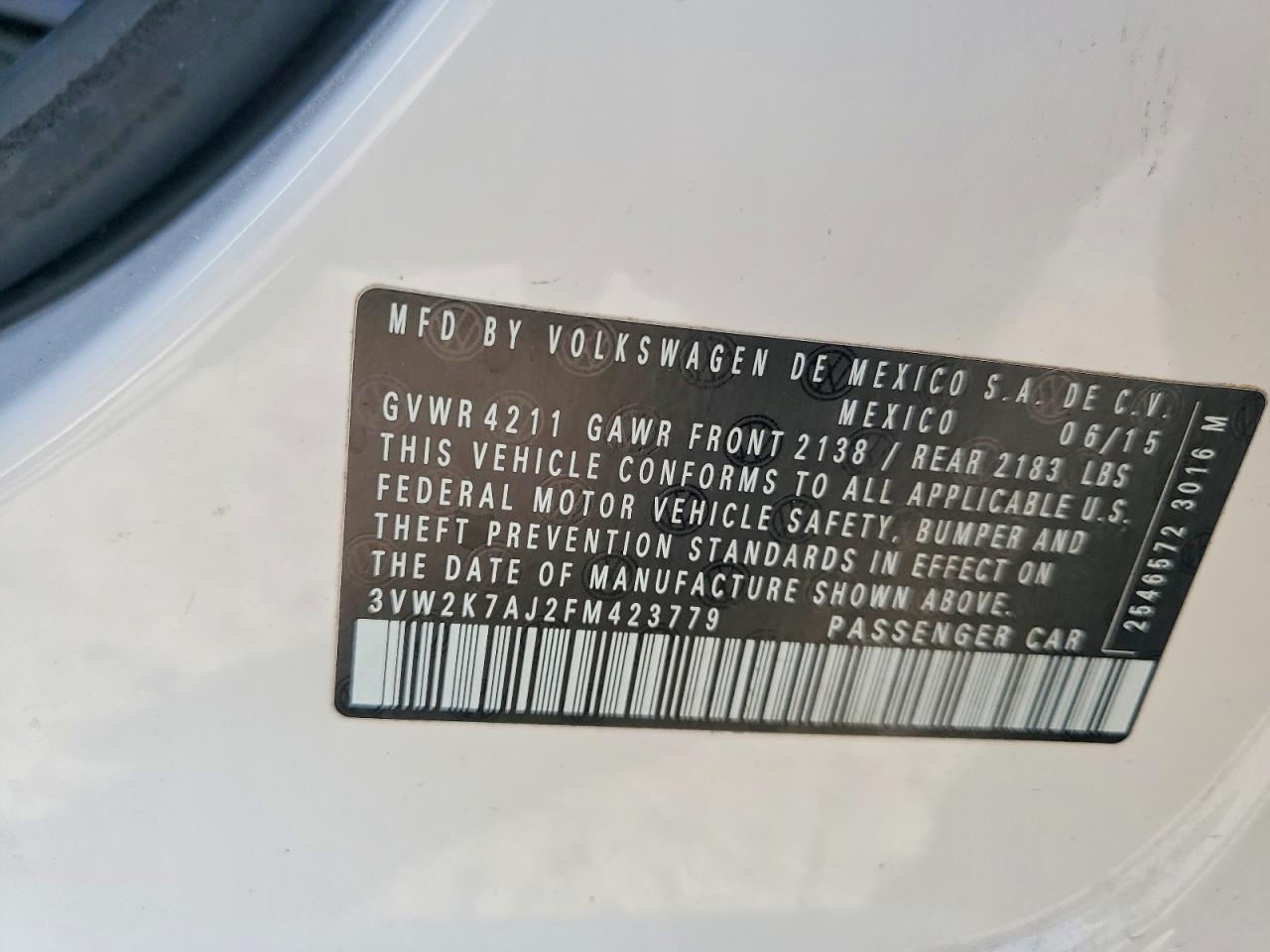 2015 Volkswagen Jetta Base Белый vin: 3VW2K7AJ2FM423779