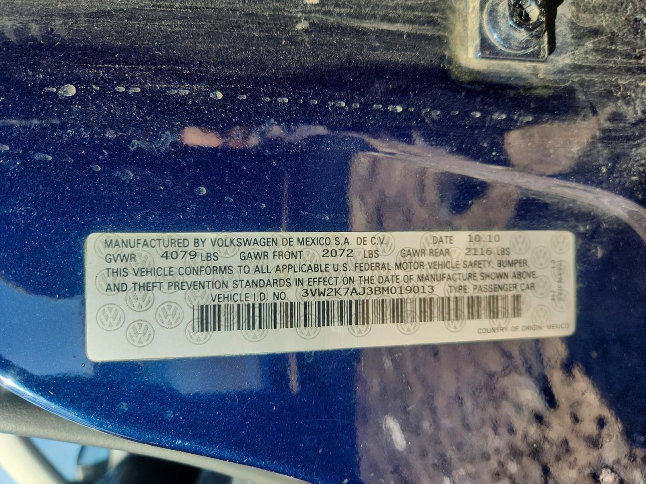 2011 Volkswagen Jetta Base Blue vin: 3VW2K7AJ3BM019013