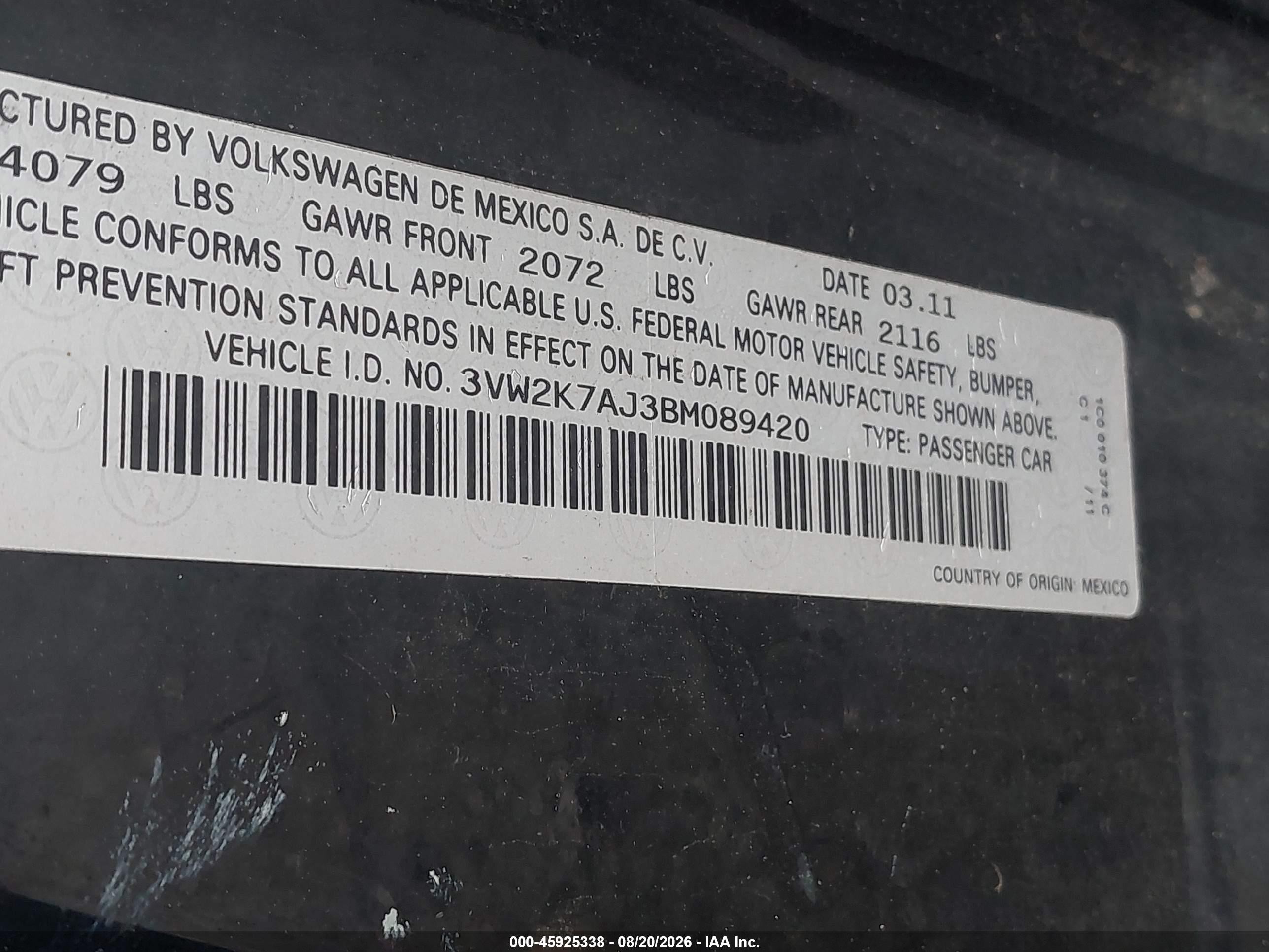 2011 Volkswagen Jetta 2.0l S Black vin: 3VW2K7AJ3BM089420