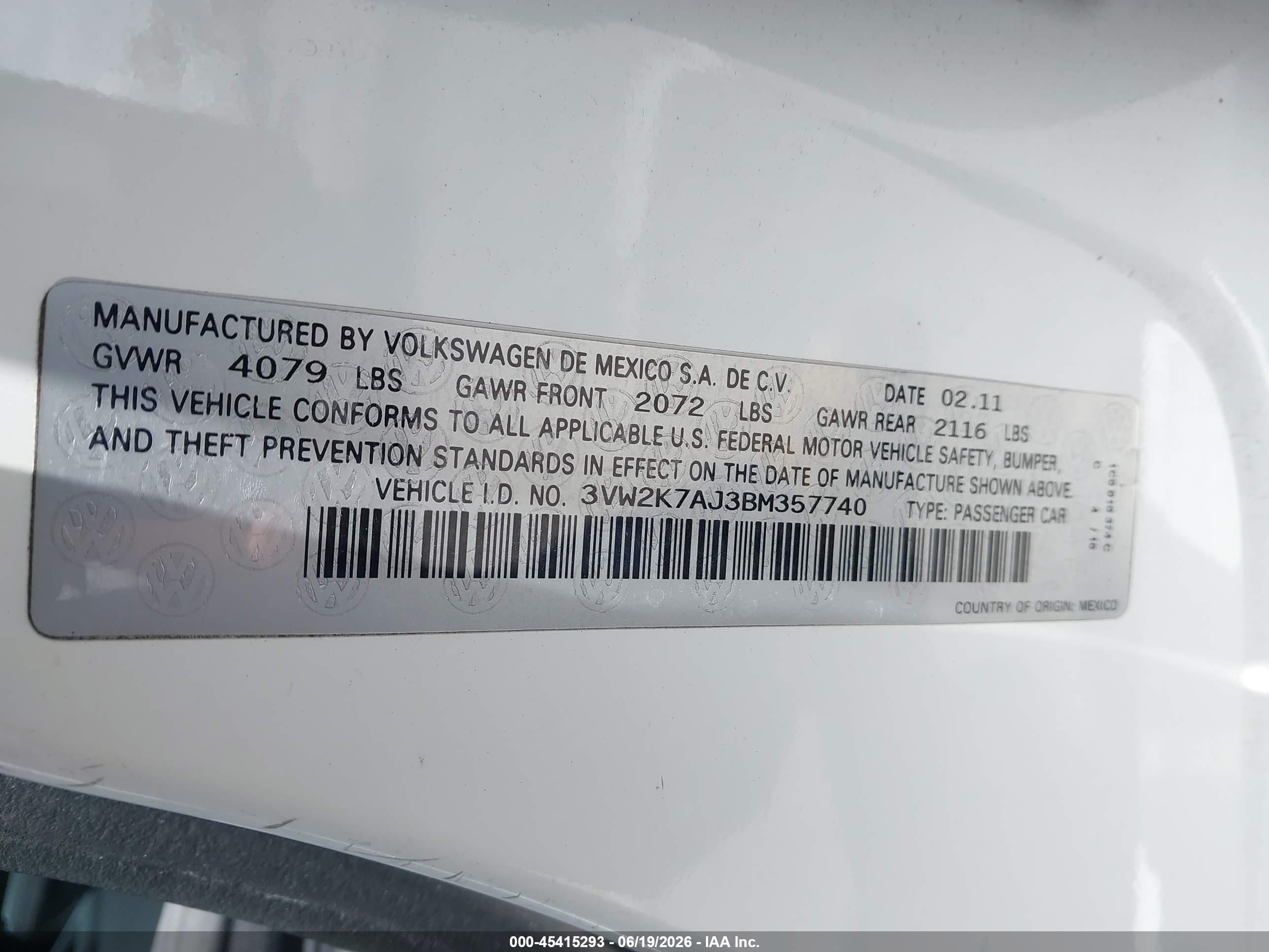 2011 Volkswagen Jetta 2.0l S White vin: 3VW2K7AJ3BM357740