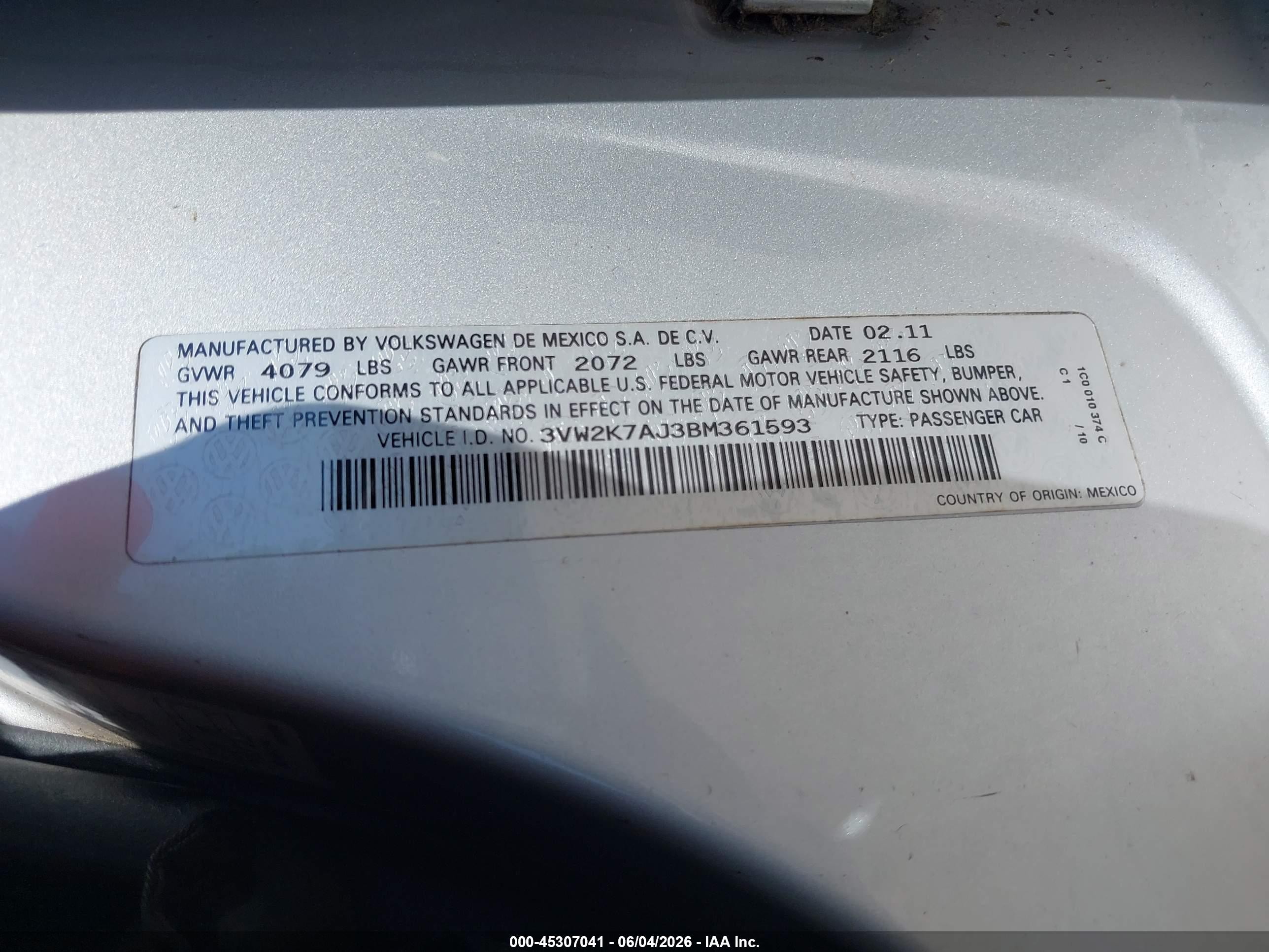 2011 Volkswagen Jetta 2.0l S Silver vin: 3VW2K7AJ3BM361593