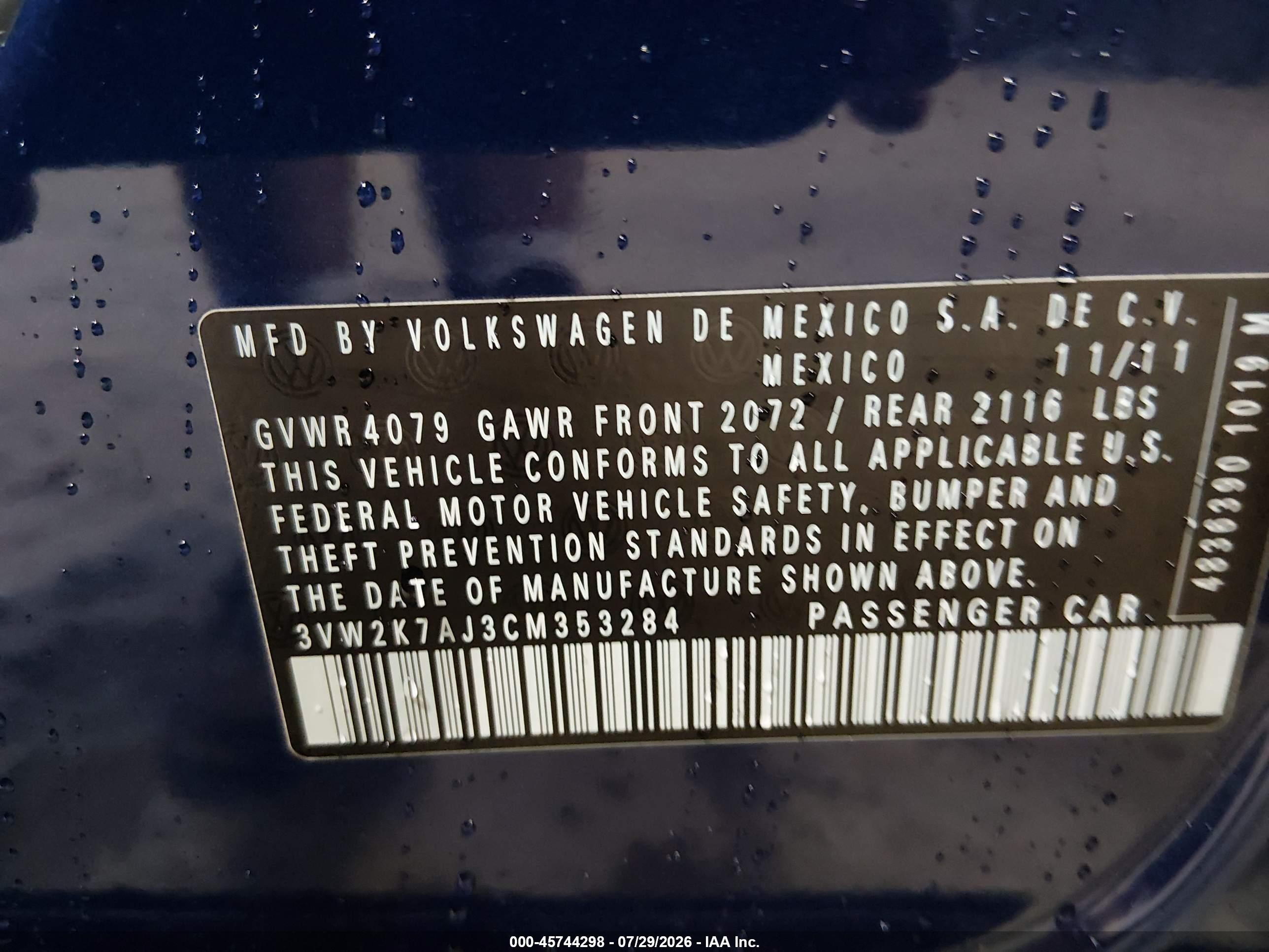 2012 Volkswagen Jetta 2.0l S Blue vin: 3VW2K7AJ3CM353284