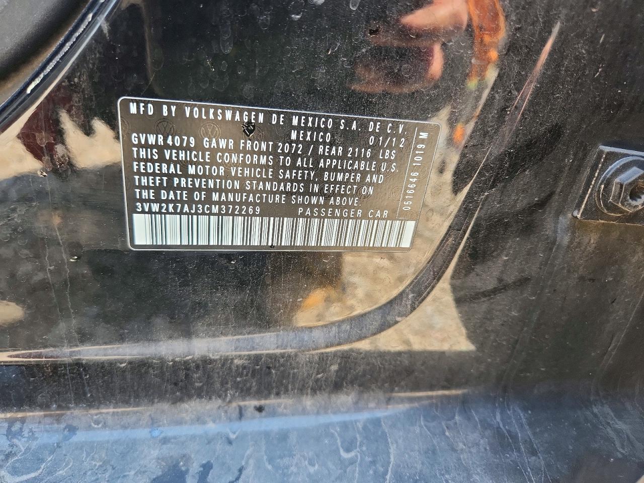 2012 Volkswagen Jetta Base Black vin: 3VW2K7AJ3CM372269