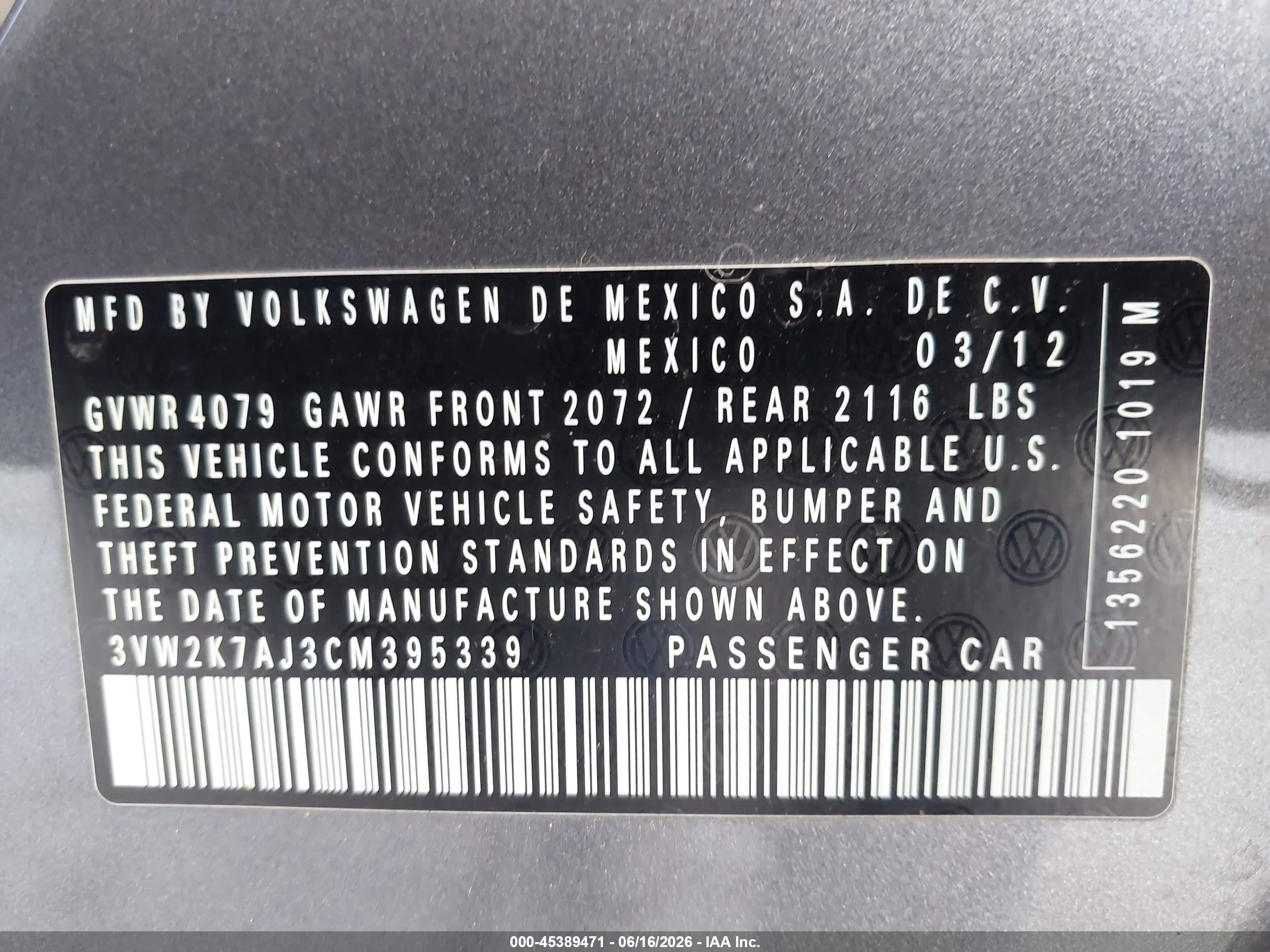2012 Volkswagen Jetta 2.0l S Gray vin: 3VW2K7AJ3CM395339