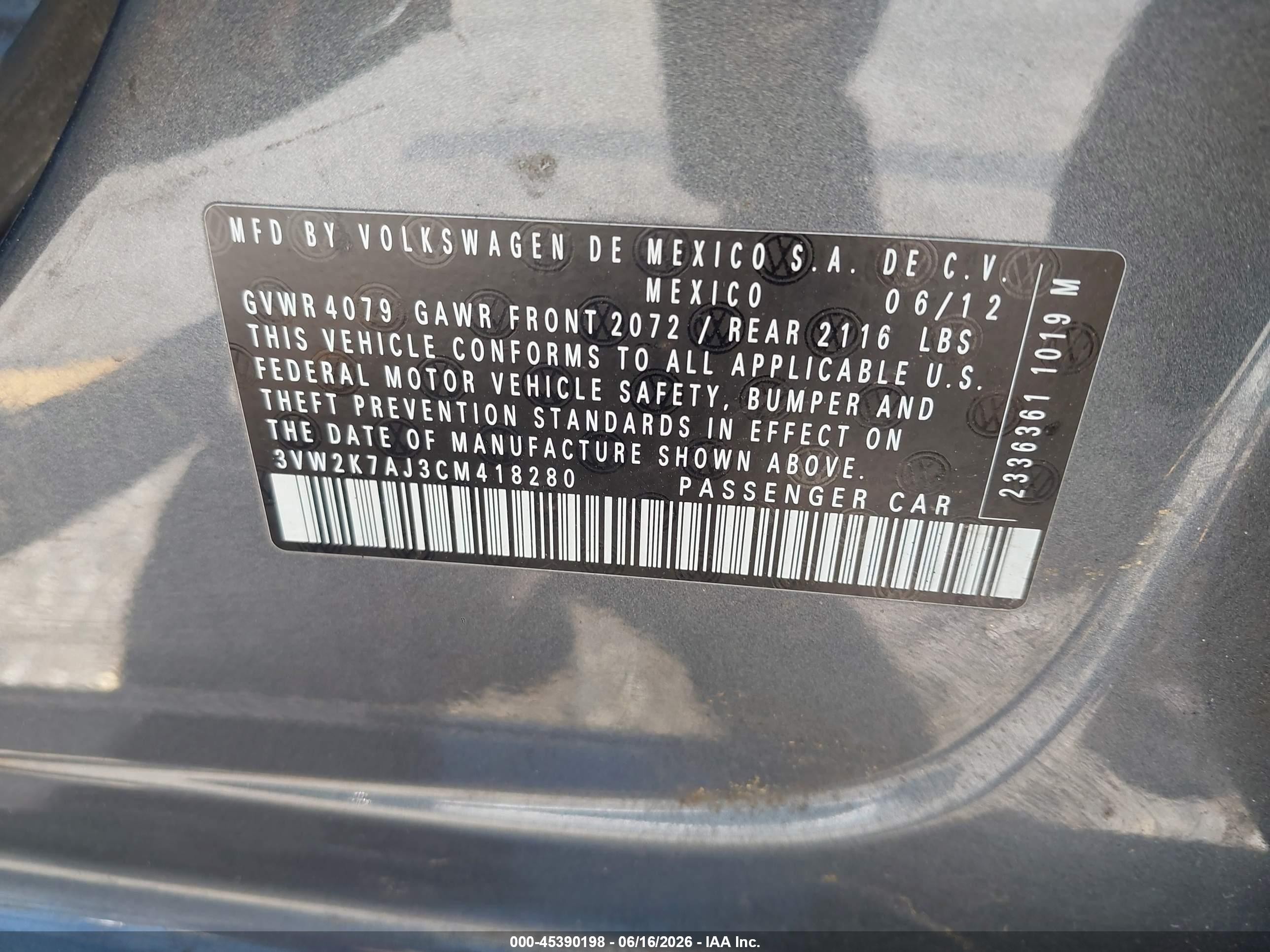 2012 Volkswagen Jetta 2.0l S Gray vin: 3VW2K7AJ3CM418280
