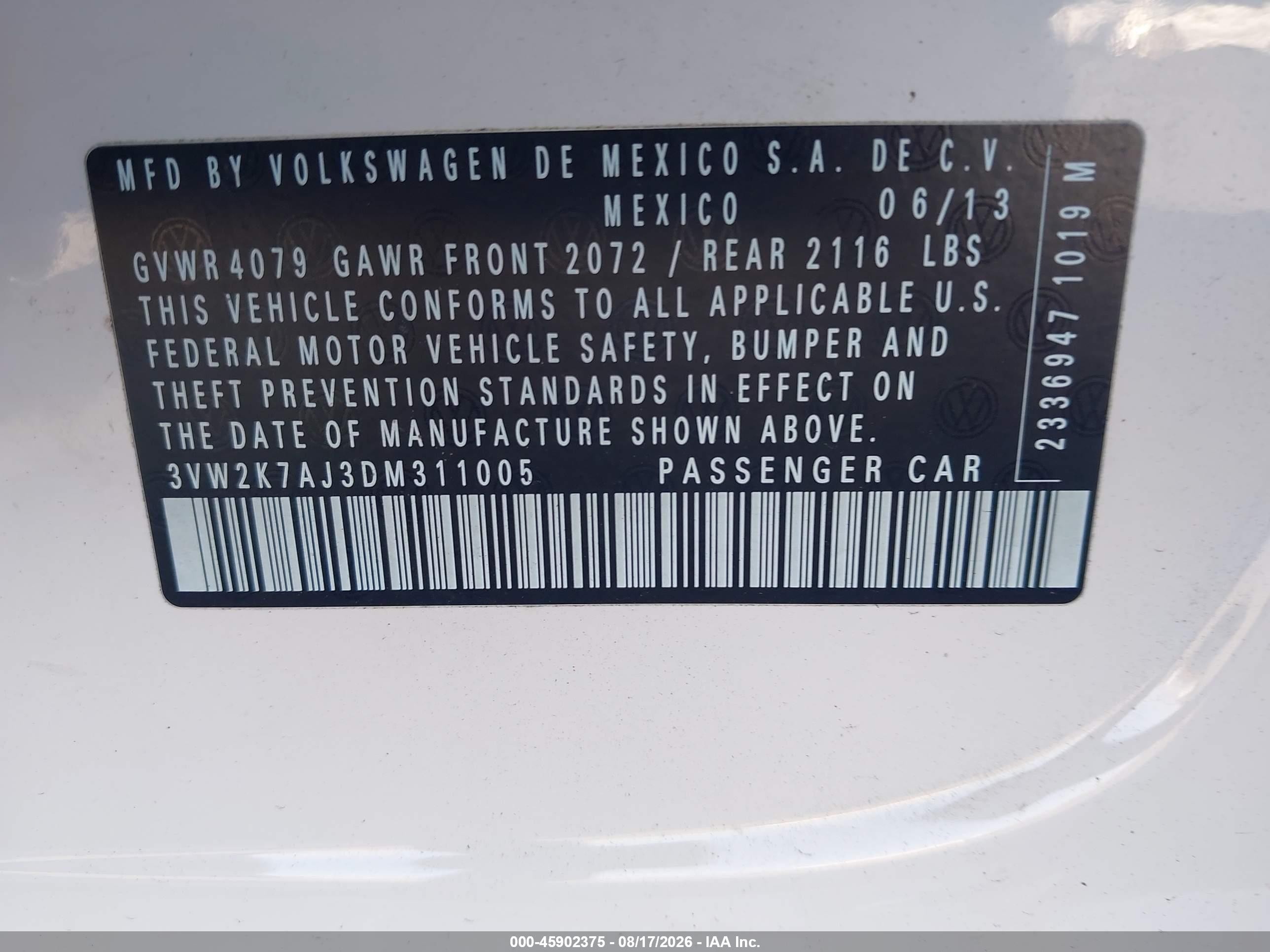 2013 Volkswagen Jetta 2.0l Base/2.0l S White vin: 3VW2K7AJ3DM311005