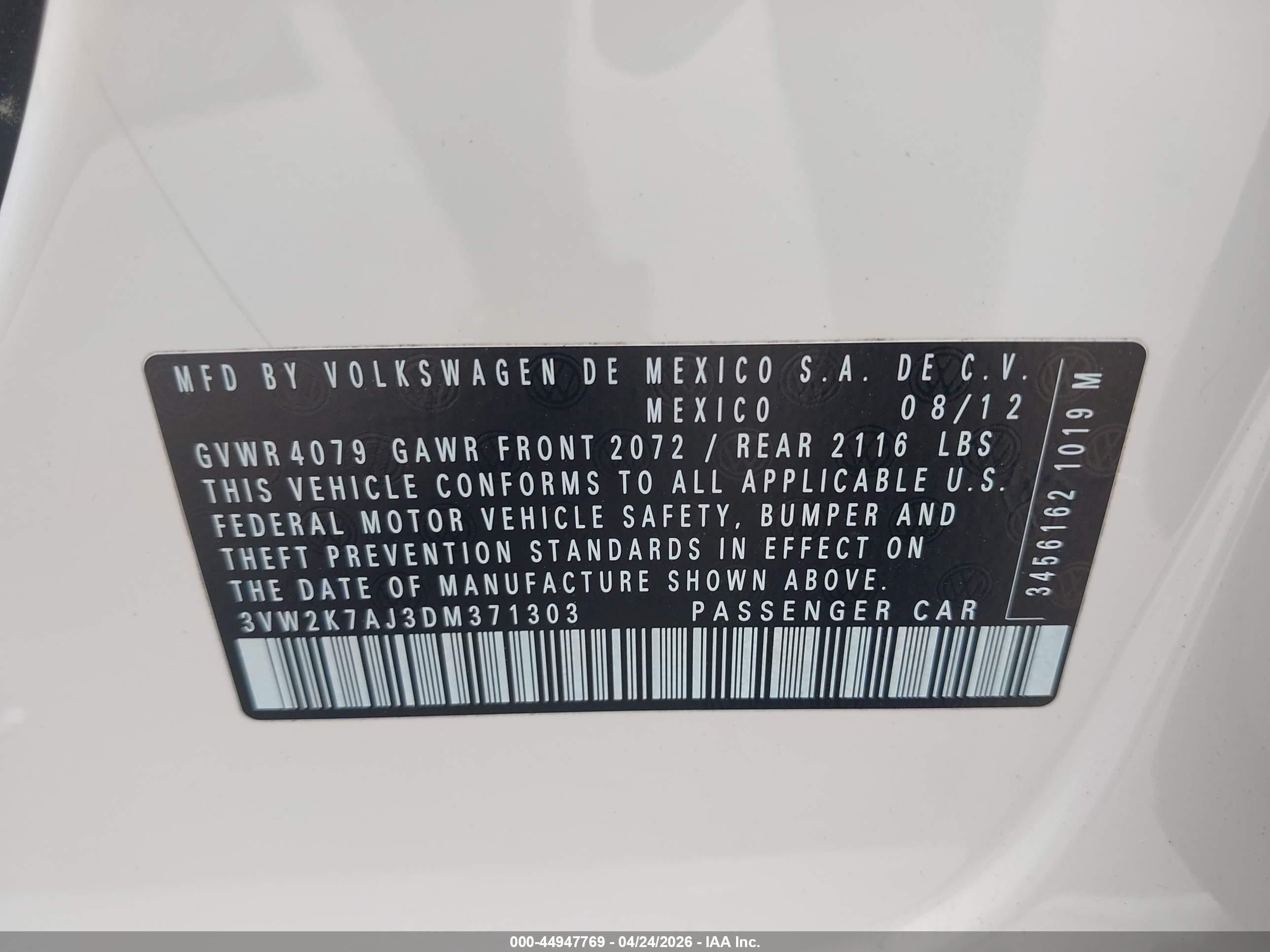 2013 Volkswagen Jetta 2.0l S White vin: 3VW2K7AJ3DM371303