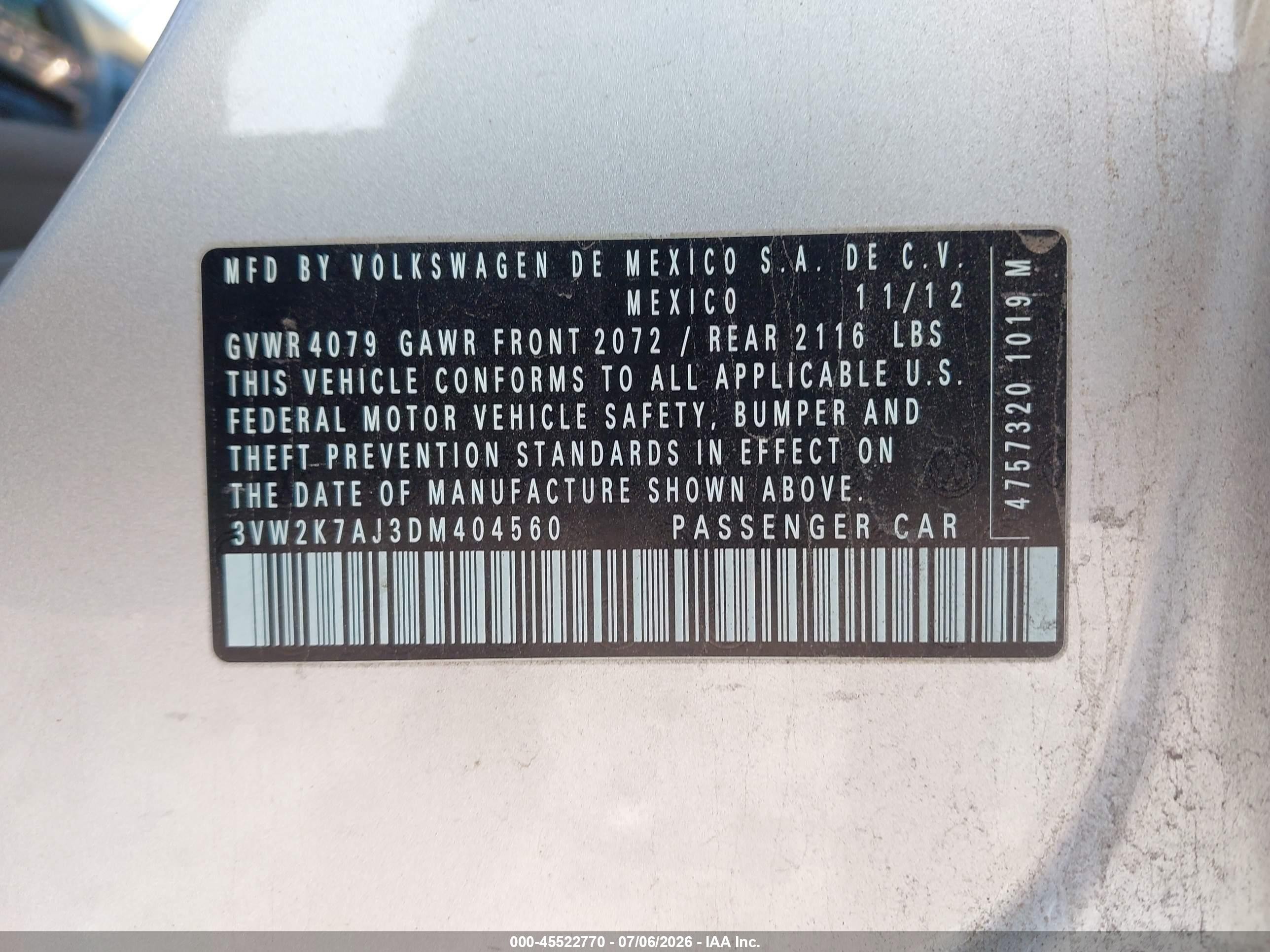 2013 Volkswagen Jetta 2.0l S Silver vin: 3VW2K7AJ3DM404560