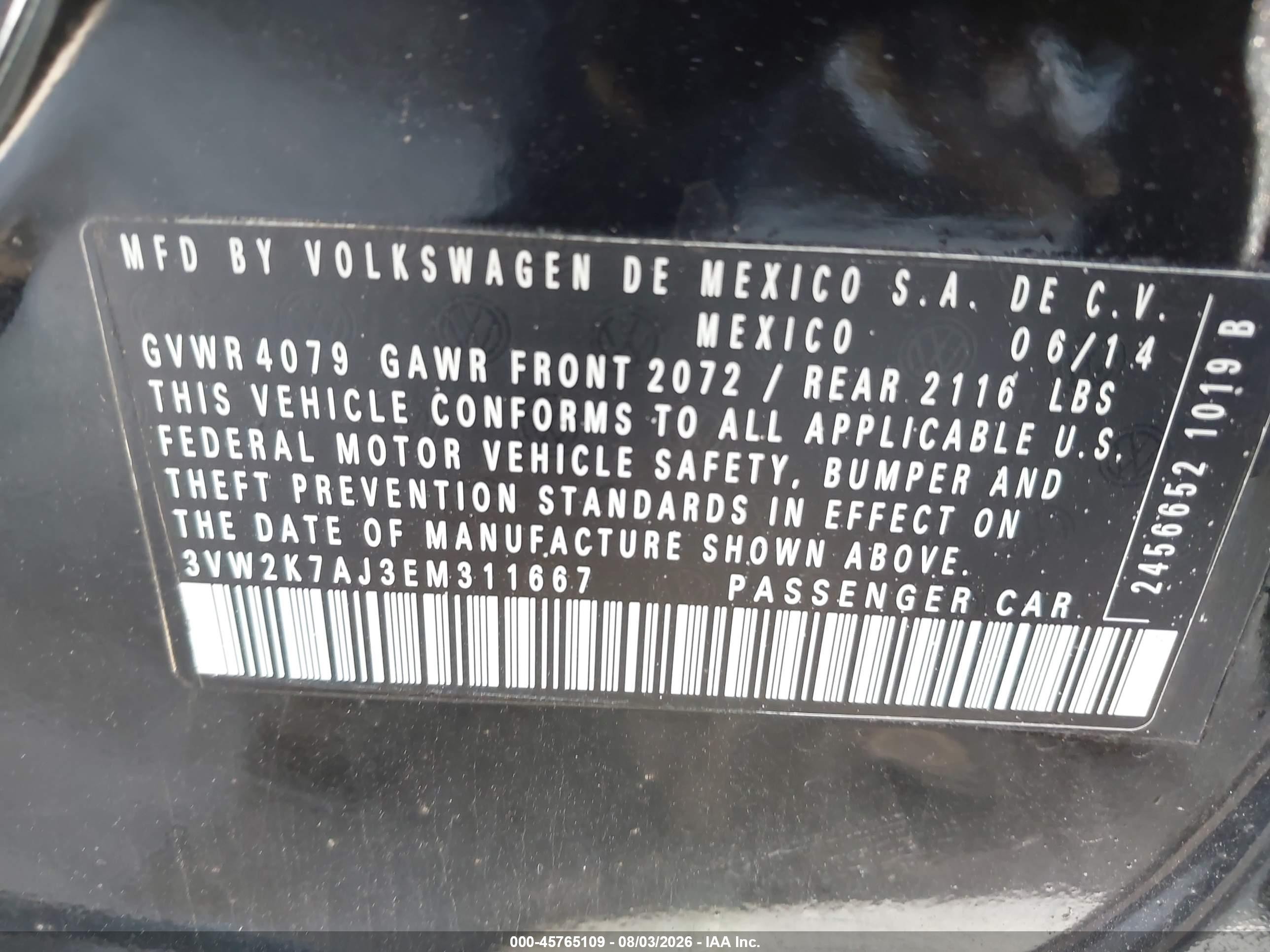 2014 Volkswagen Jetta 2.0l S Черный vin: 3VW2K7AJ3EM311667